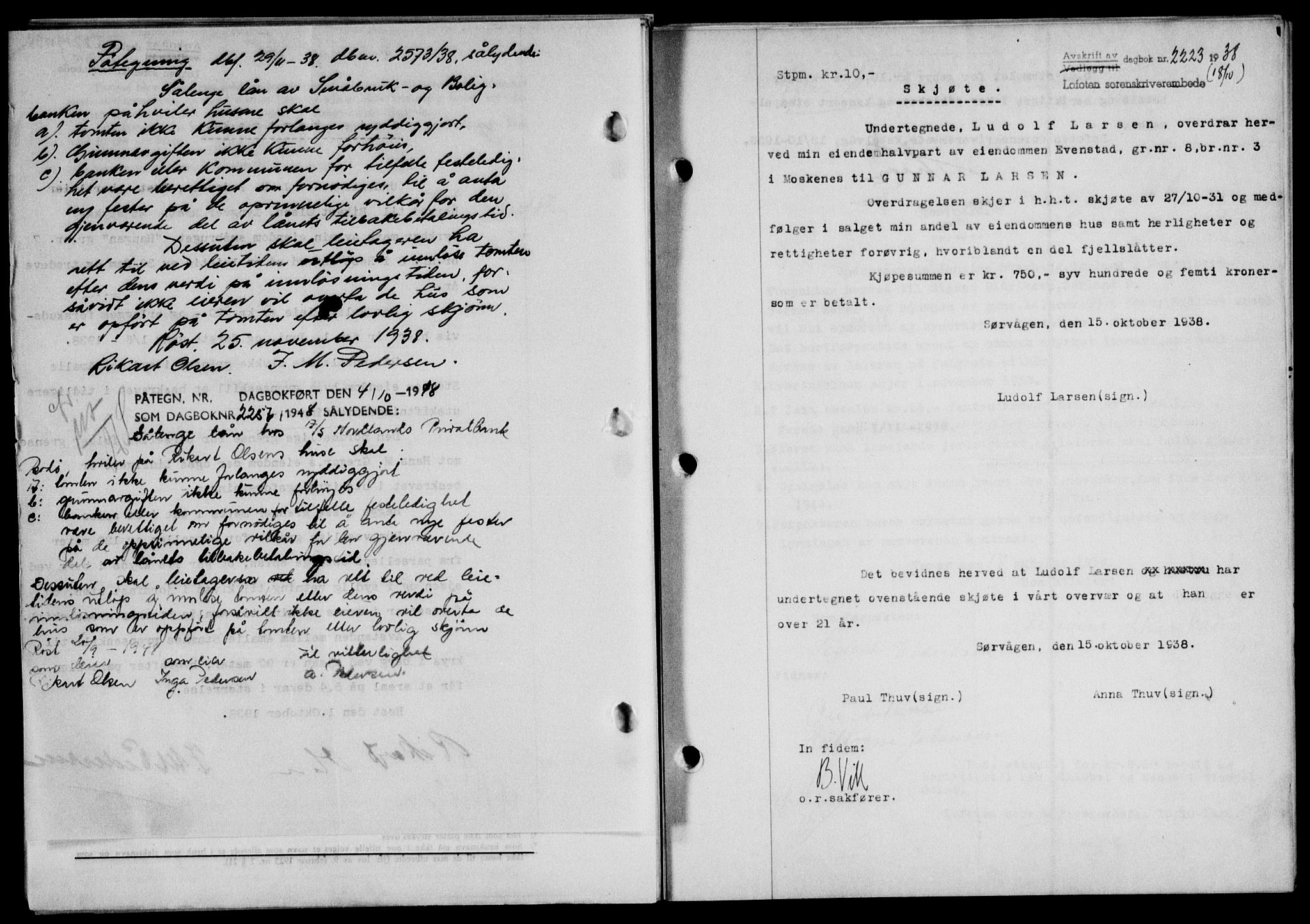 Lofoten sorenskriveri, SAT/A-0017/1/2/2C/L0004a: Mortgage book no. 4a, 1938-1938, Diary no: : 2223/1938