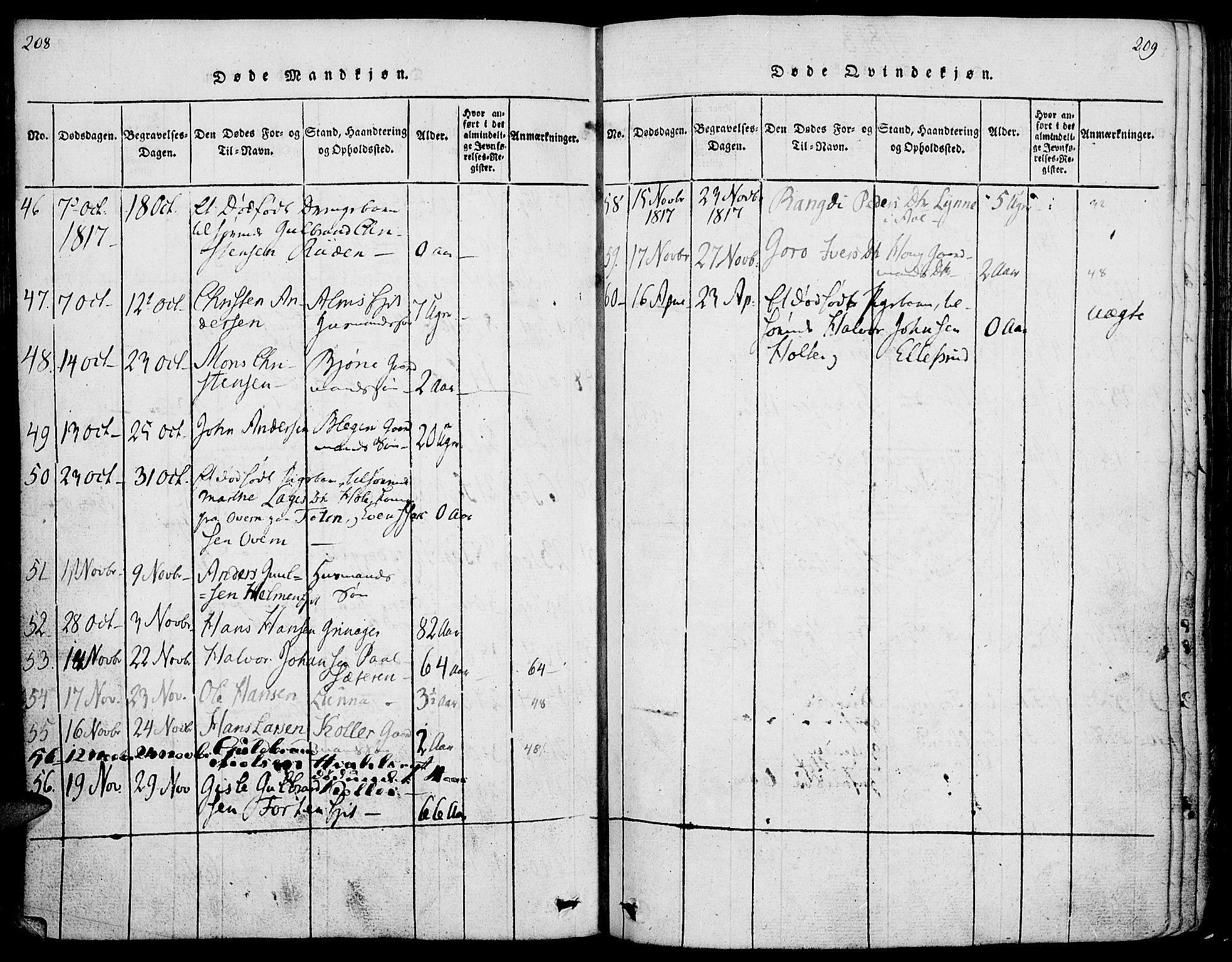 Gran prestekontor, SAH/PREST-112/H/Ha/Haa/L0009: Parish register (official) no. 9, 1815-1824, p. 208-209
