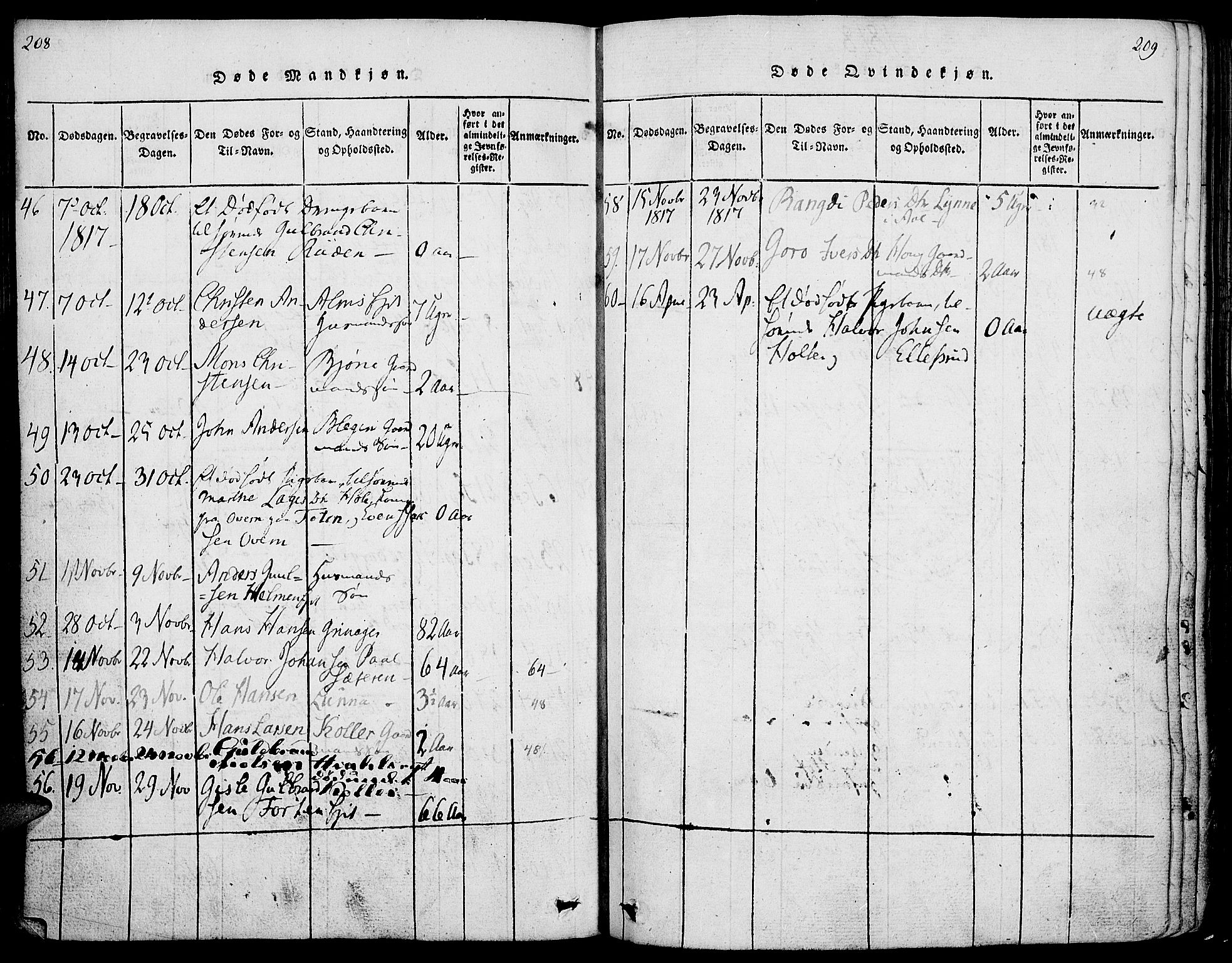 Gran prestekontor, AV/SAH-PREST-112/H/Ha/Haa/L0009: Parish register (official) no. 9, 1815-1824, p. 208-209