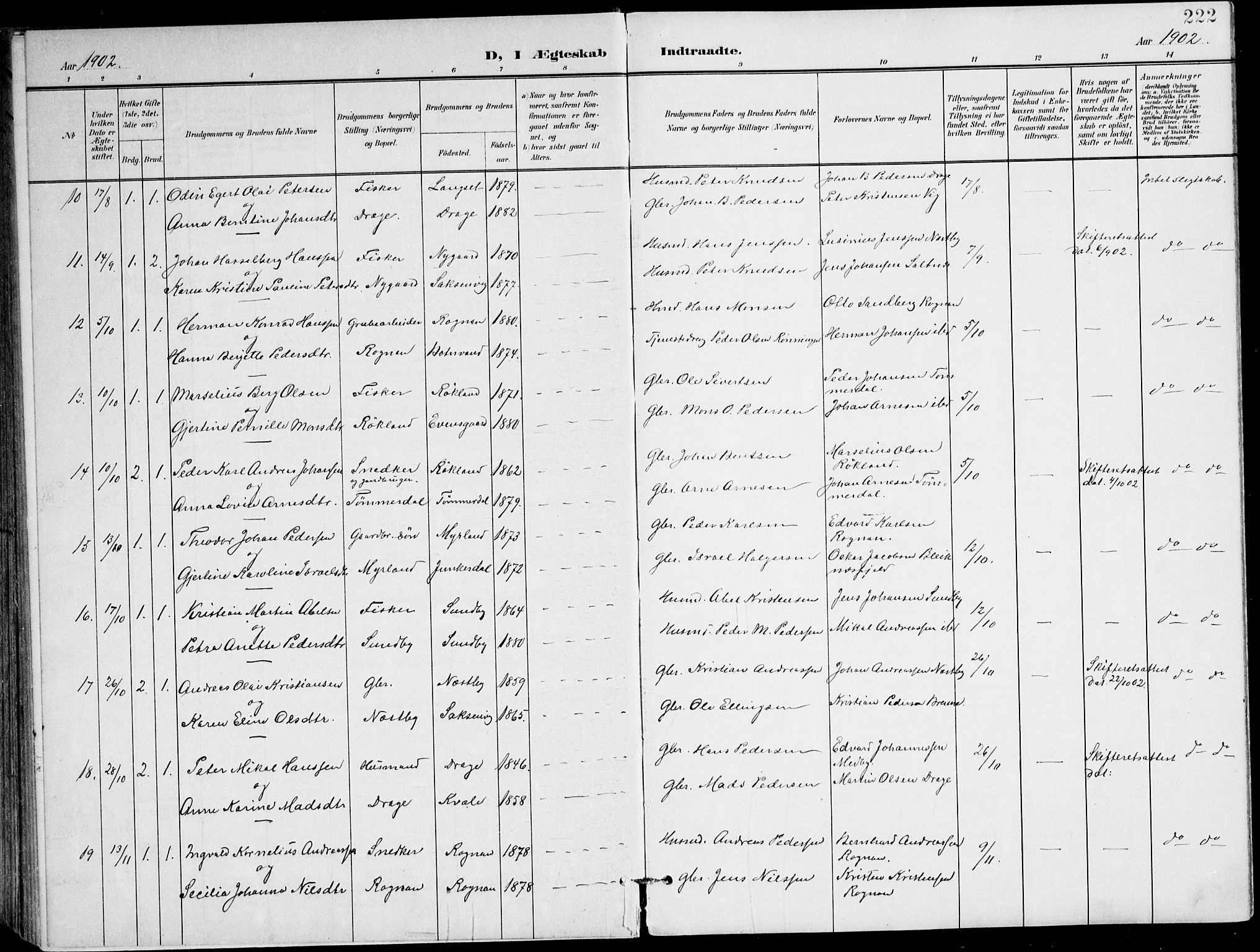 Ministerialprotokoller, klokkerbøker og fødselsregistre - Nordland, AV/SAT-A-1459/847/L0672: Parish register (official) no. 847A12, 1902-1919, p. 222