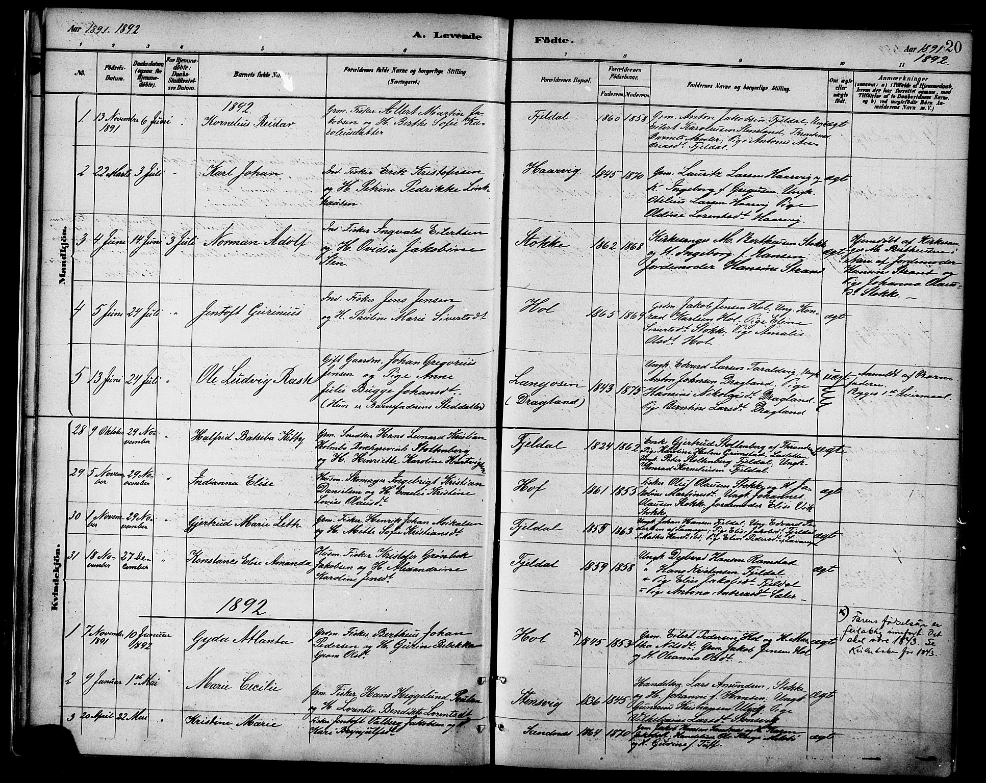 Ministerialprotokoller, klokkerbøker og fødselsregistre - Nordland, SAT/A-1459/865/L0924: Parish register (official) no. 865A02, 1885-1896, p. 20