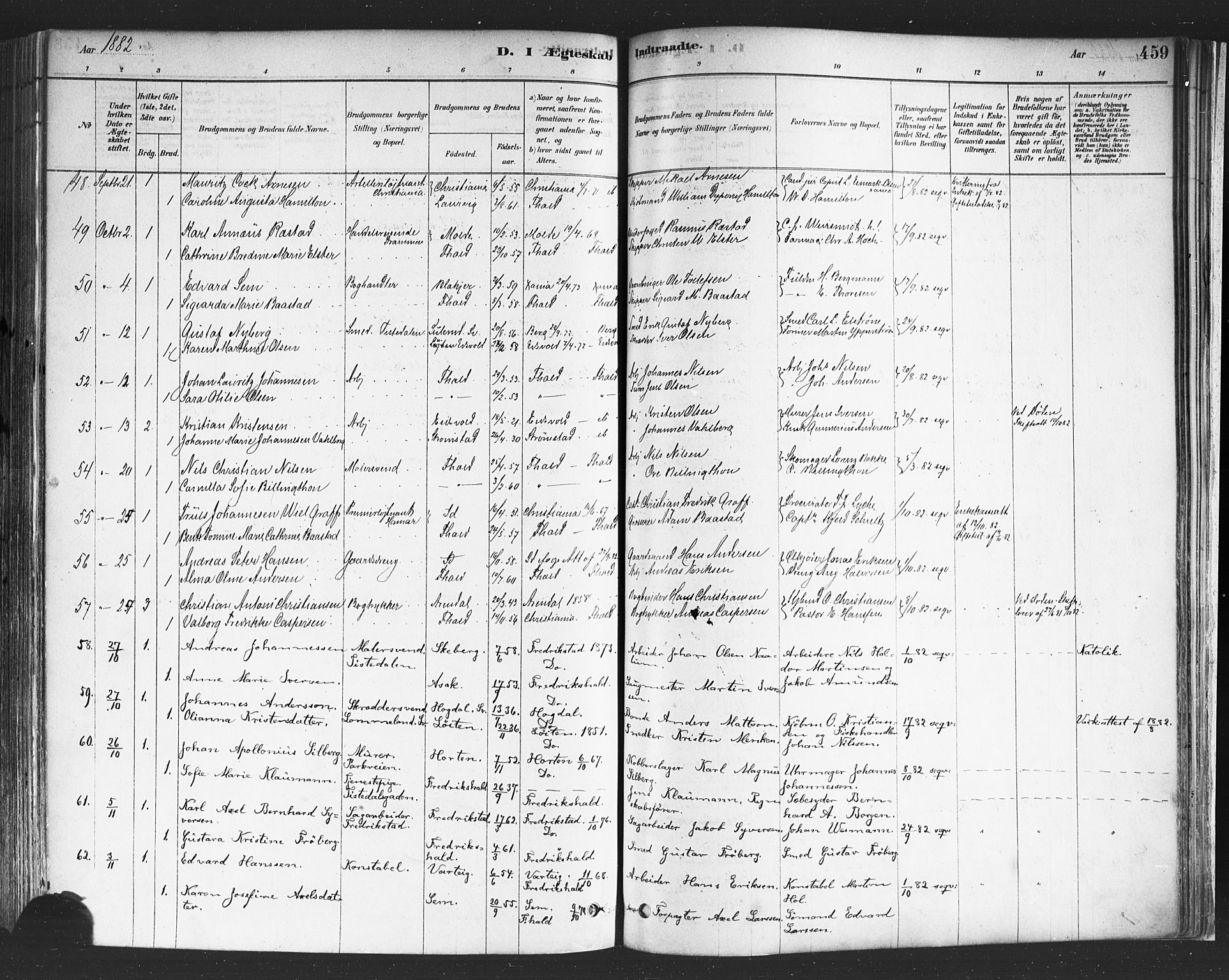 Halden prestekontor Kirkebøker, SAO/A-10909/F/Fa/L0011: Parish register (official) no. I 11, 1878-1889, p. 459
