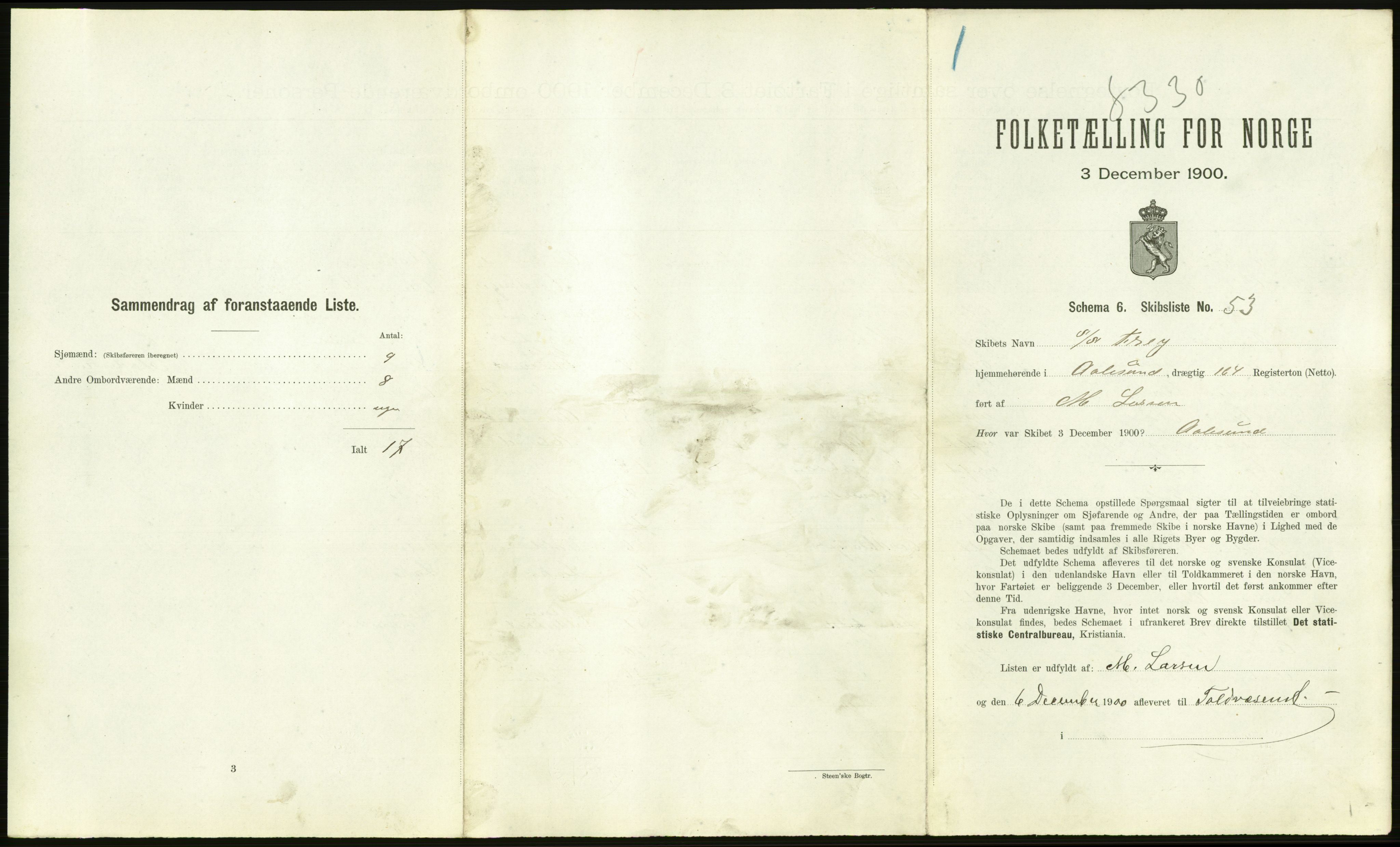 RA, 1900 Census - ship lists from ships in Norwegian harbours, harbours abroad and at sea, 1900, p. 1603