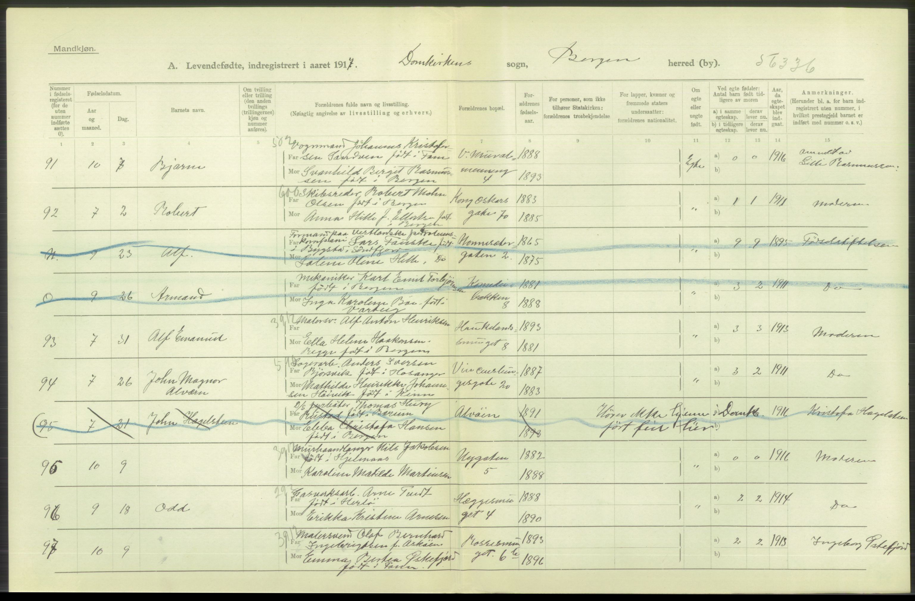 Statistisk sentralbyrå, Sosiodemografiske emner, Befolkning, AV/RA-S-2228/D/Df/Dfb/Dfbg/L0037: Bergen: Levendefødte menn og kvinner., 1917, p. 40