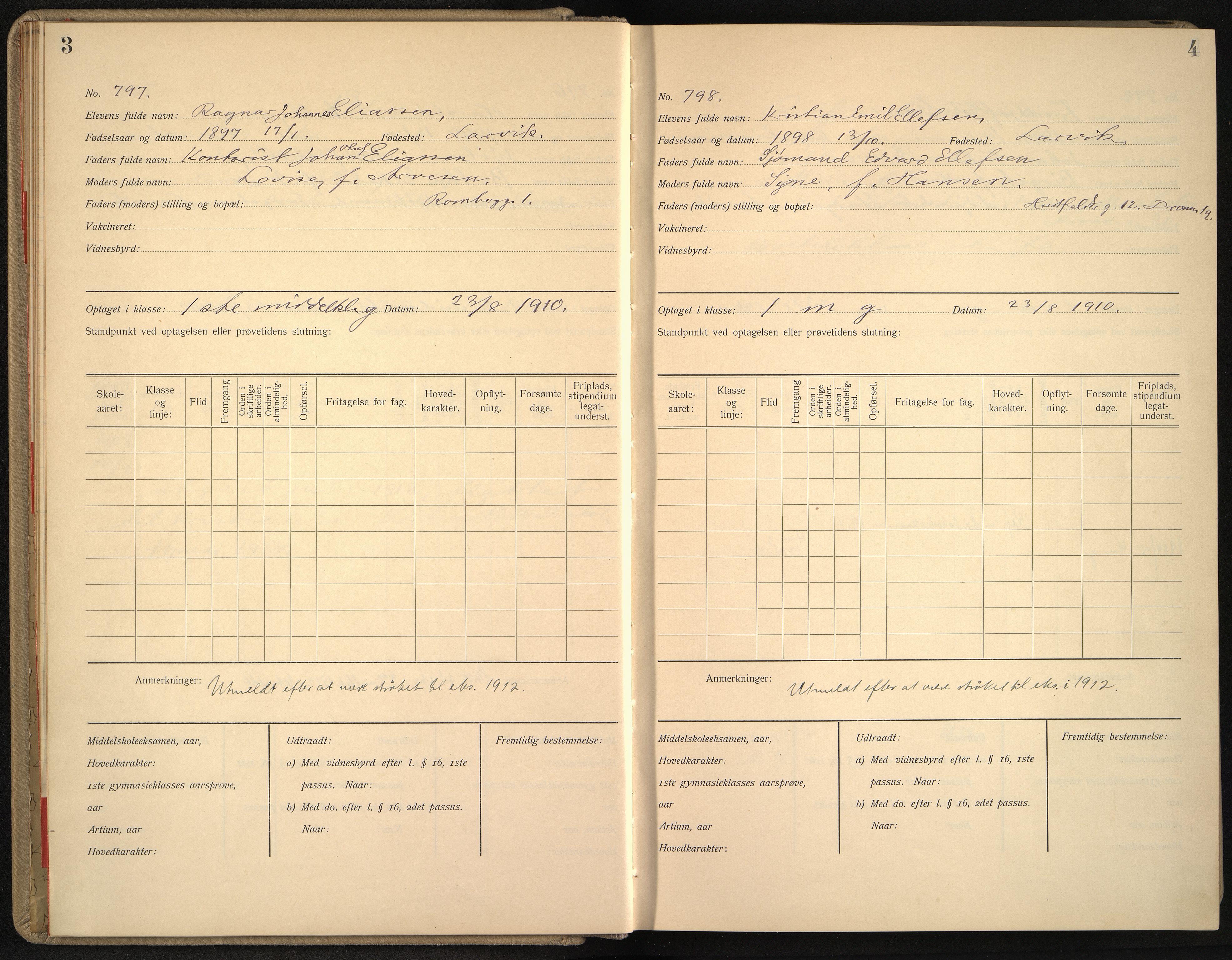 Vestfold fylkeskommune. Thor Heyerdahl videregående skole før 2004, VEMU/A-1120/G/L0008: Manntallsprotokoll med karakterer i orden og oppførsel, 1910-1916, p. 3-4