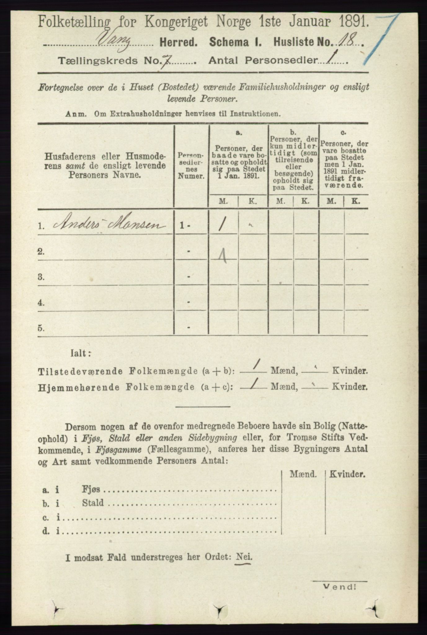 RA, 1891 census for 0414 Vang, 1891, p. 4937