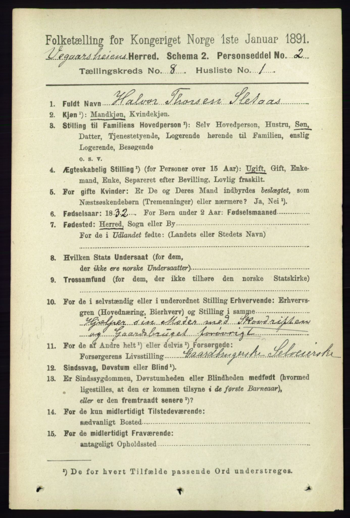 RA, 1891 census for 0912 Vegårshei, 1891, p. 1528