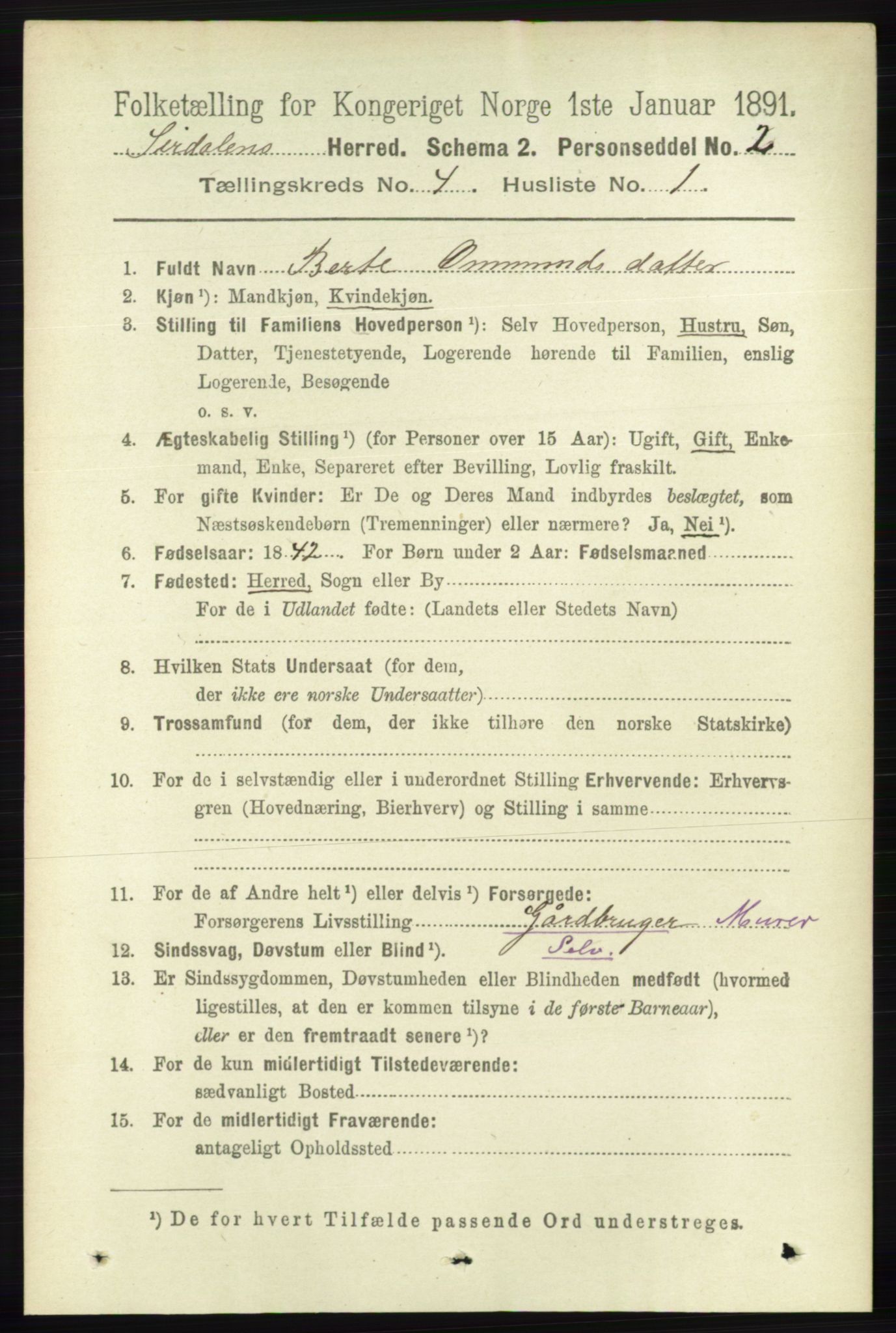 RA, 1891 census for 1046 Sirdal, 1891, p. 936