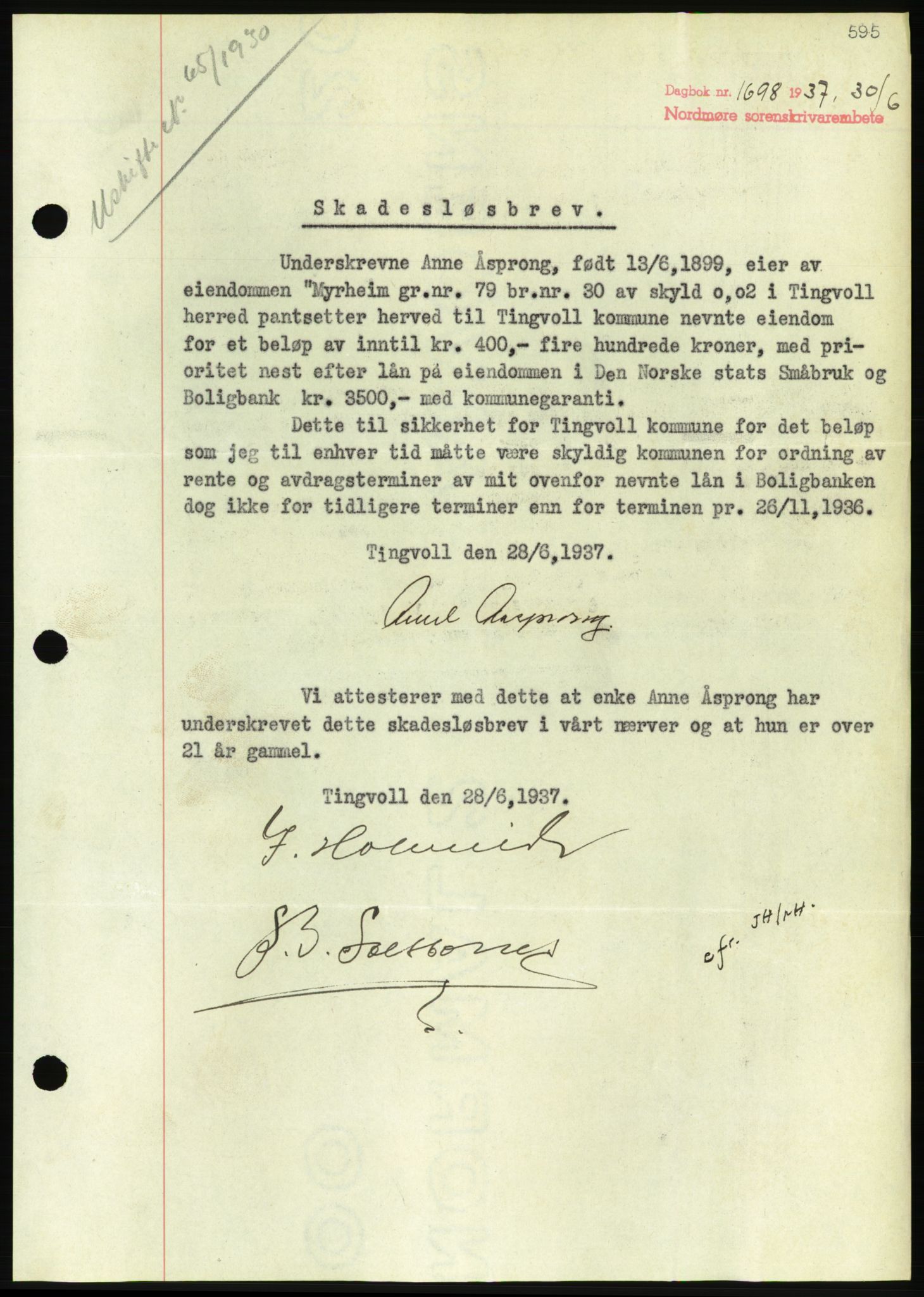 Nordmøre sorenskriveri, AV/SAT-A-4132/1/2/2Ca/L0091: Mortgage book no. B81, 1937-1937, Diary no: : 1698/1937