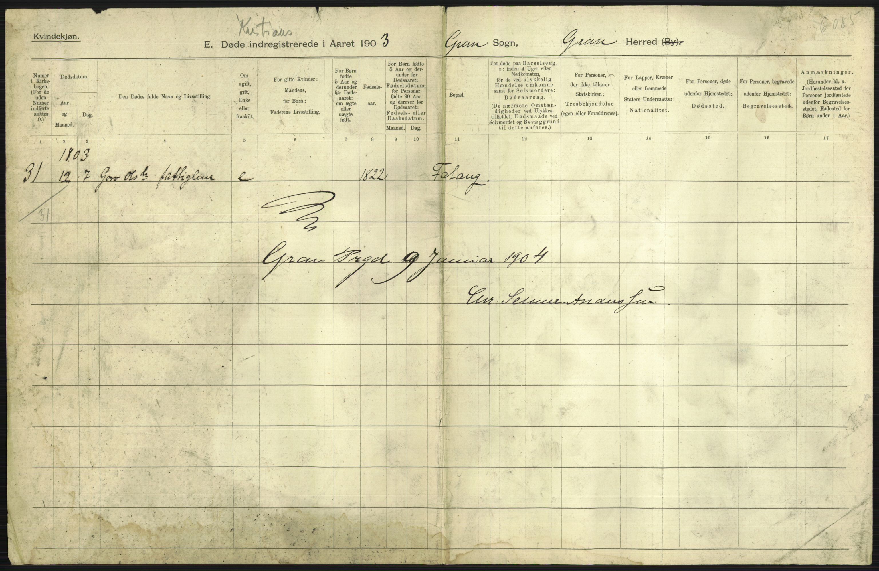 Statistisk sentralbyrå, Sosiodemografiske emner, Befolkning, AV/RA-S-2228/D/Df/Dfa/Dfaa/L0006: Kristians amt: Fødte, gifte, døde, 1903, p. 583