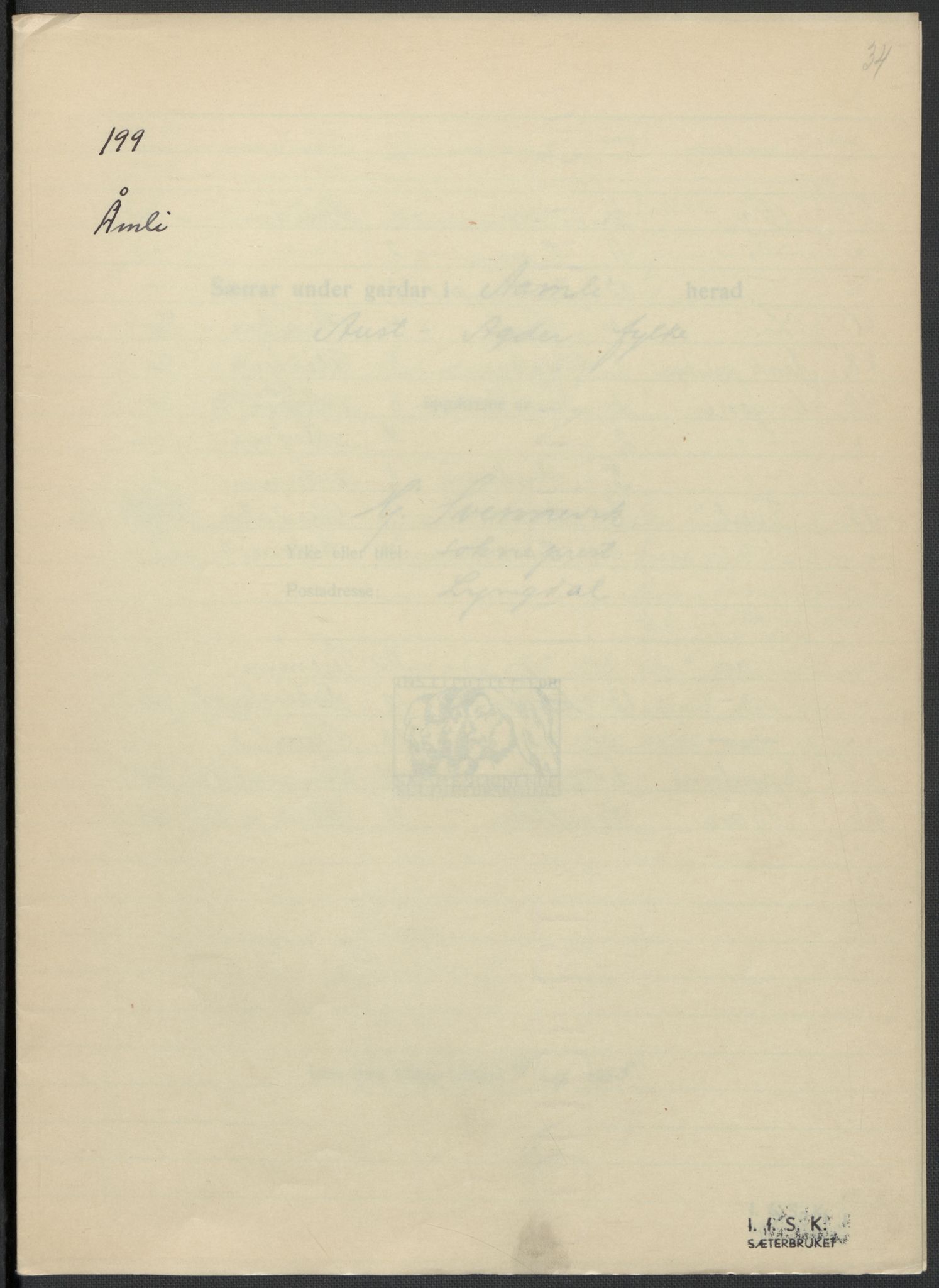 Instituttet for sammenlignende kulturforskning, AV/RA-PA-0424/F/Fc/L0008/0001: Eske B8: / Aust-Agder (perm XIX), 1932-1938, p. 34