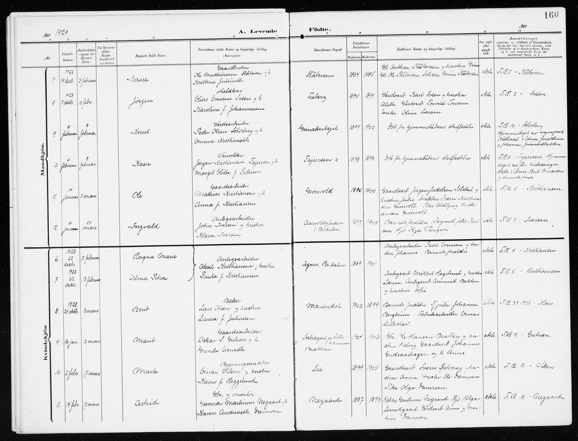 Furnes prestekontor, SAH/PREST-012/K/Ka/L0001: Parish register (official) no. 1, 1907-1935, p. 160