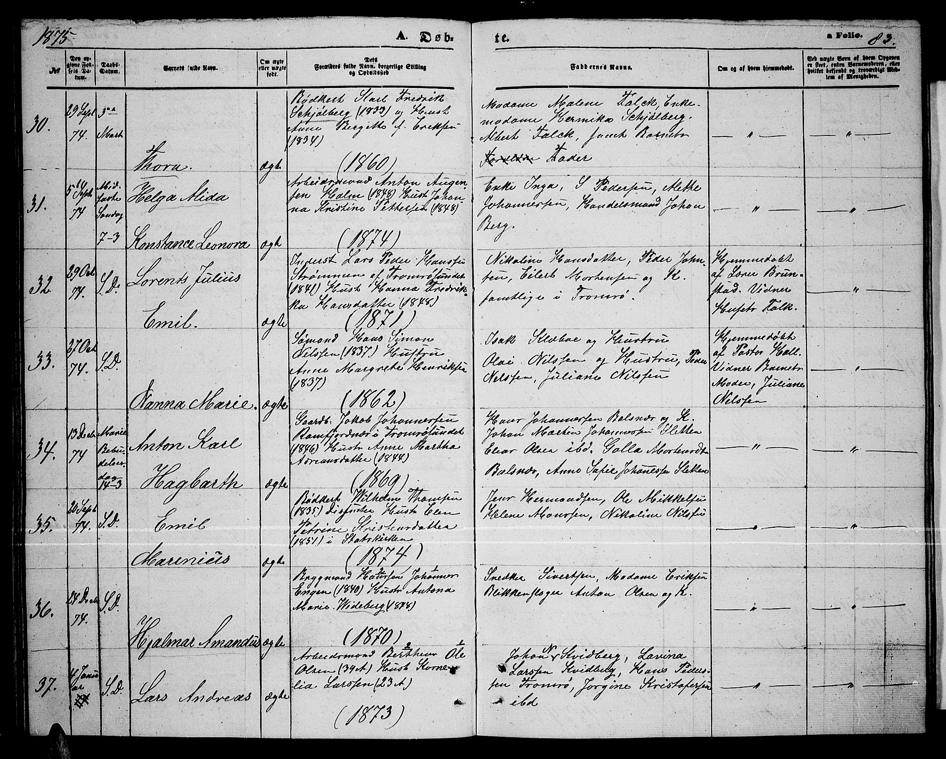 Tromsø sokneprestkontor/stiftsprosti/domprosti, AV/SATØ-S-1343/G/Gb/L0007klokker: Parish register (copy) no. 7, 1867-1875, p. 83