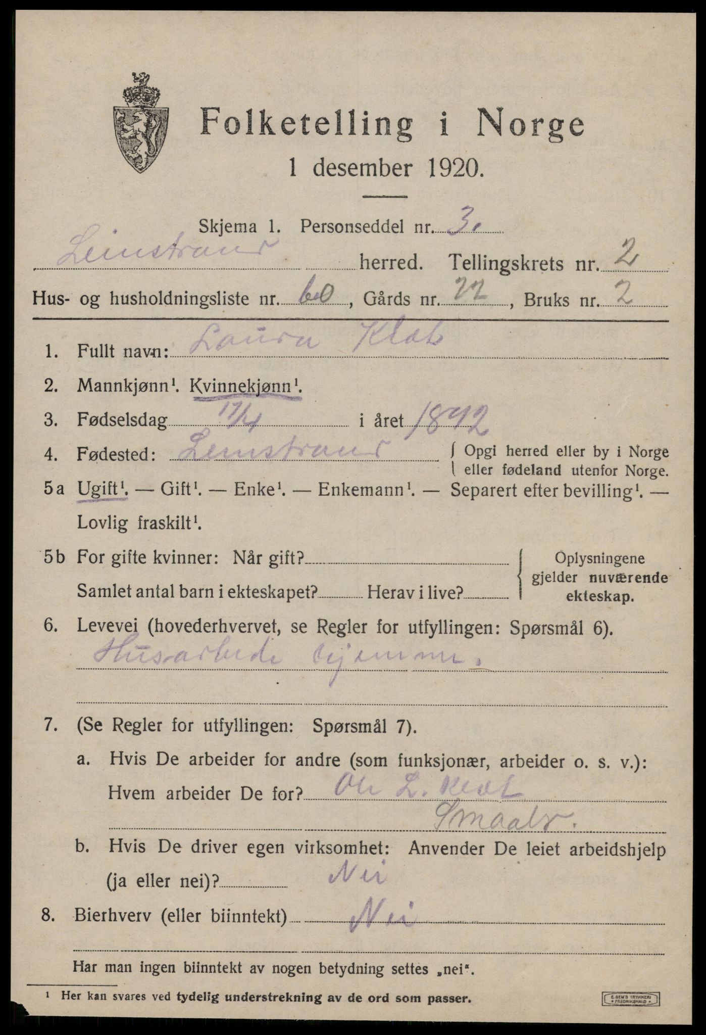 SAT, 1920 census for Leinstrand, 1920, p. 2281