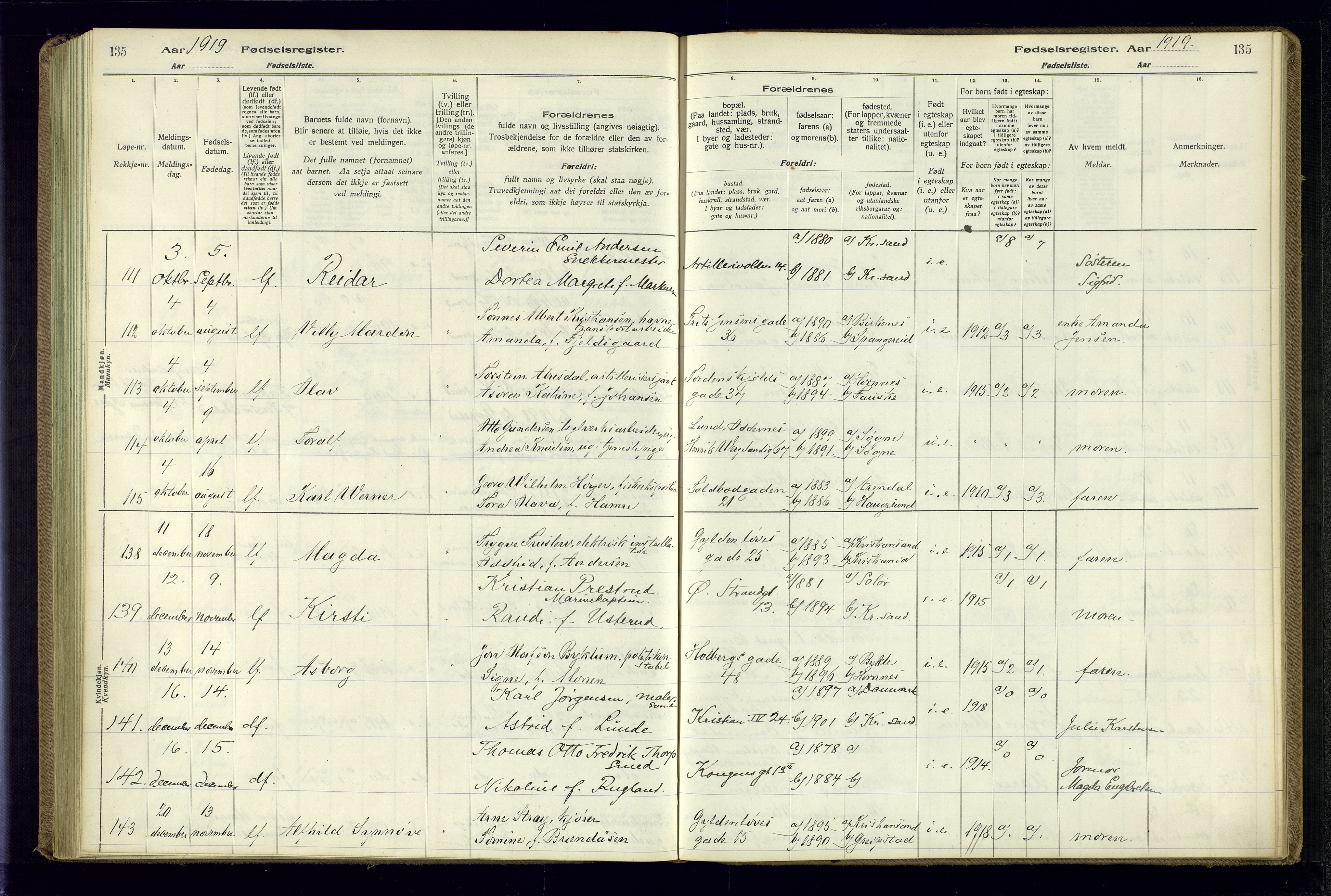 Kristiansand domprosti, AV/SAK-1112-0006/J/Jc/L0001: Birth register no. A-VI-45, 1916-1921, p. 135