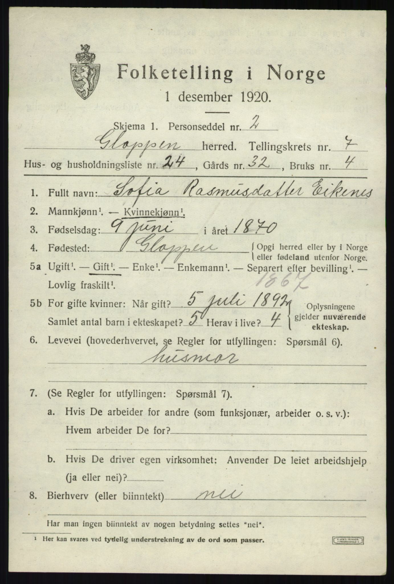 SAB, 1920 census for Gloppen, 1920, p. 4378