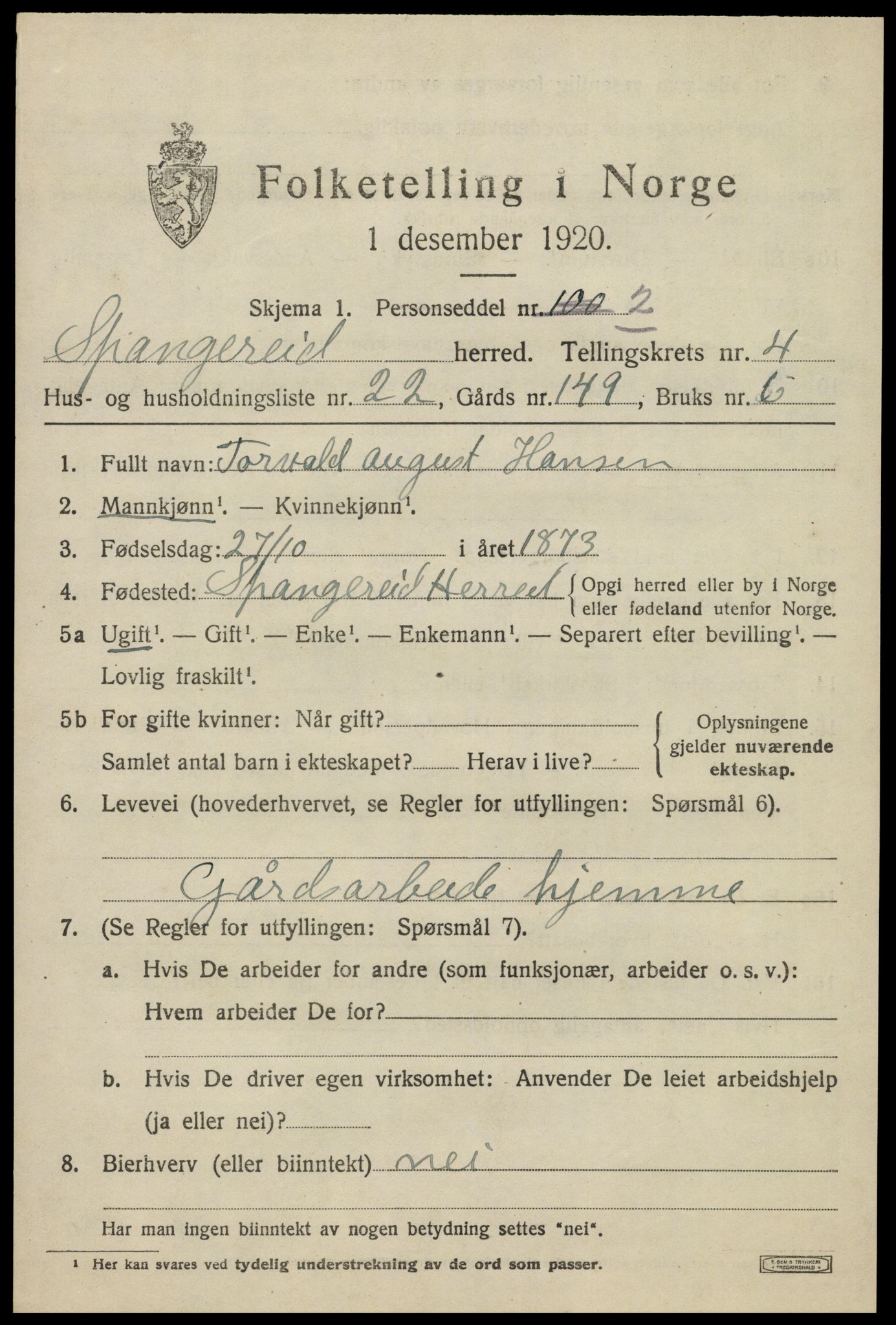 SAK, 1920 census for Spangereid, 1920, p. 1717