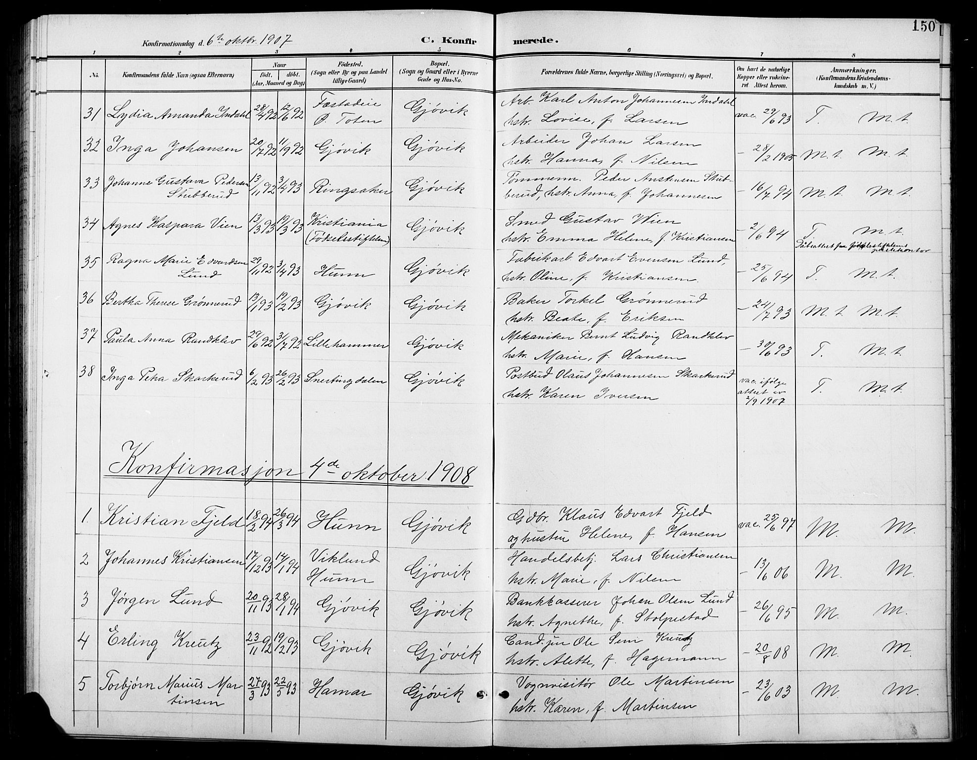 Vardal prestekontor, SAH/PREST-100/H/Ha/Hab/L0012: Parish register (copy) no. 12, 1902-1911, p. 150