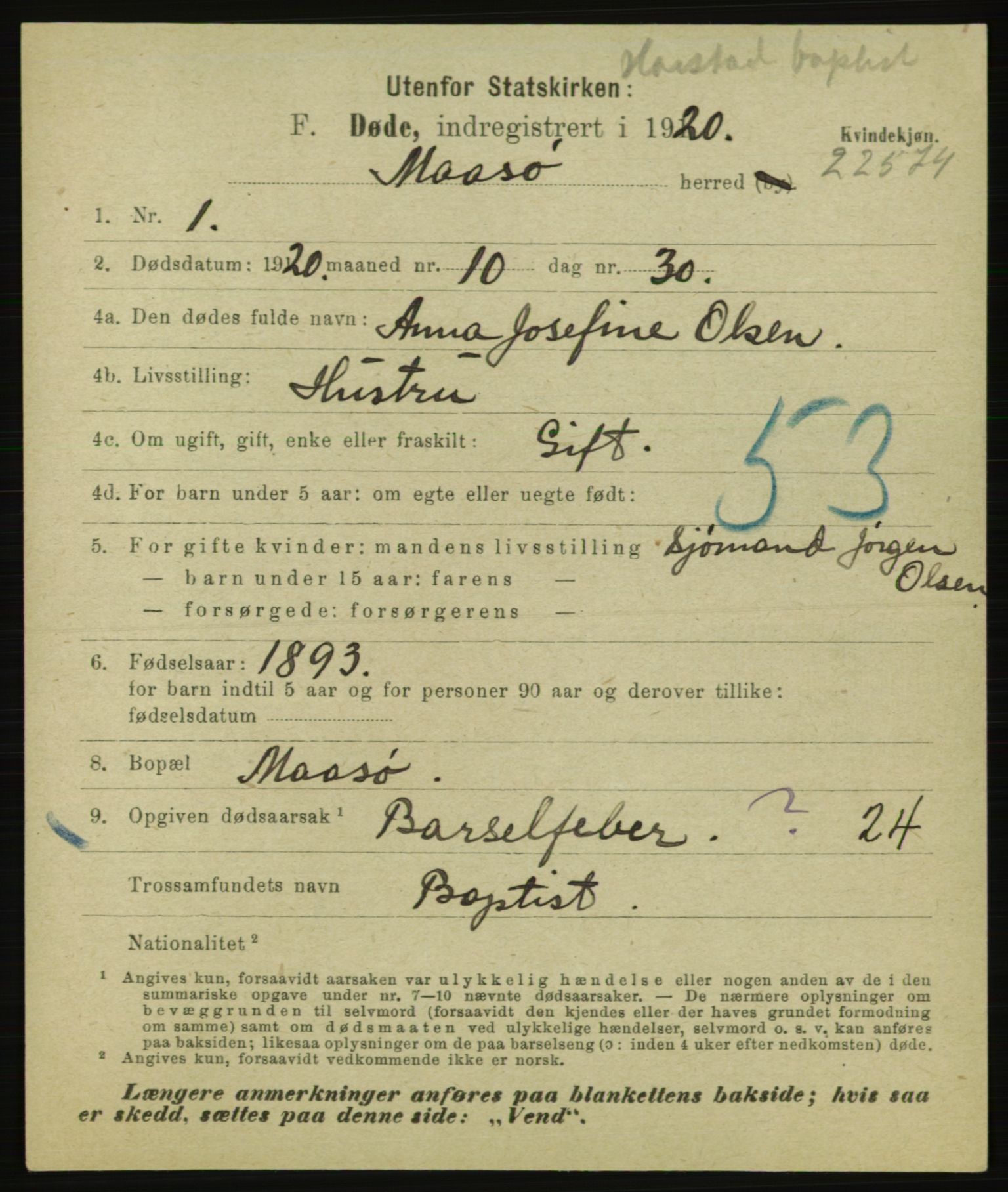 Statistisk sentralbyrå, Sosiodemografiske emner, Befolkning, AV/RA-S-2228/E/L0018: Fødte, gifte, døde dissentere., 1920, p. 3649