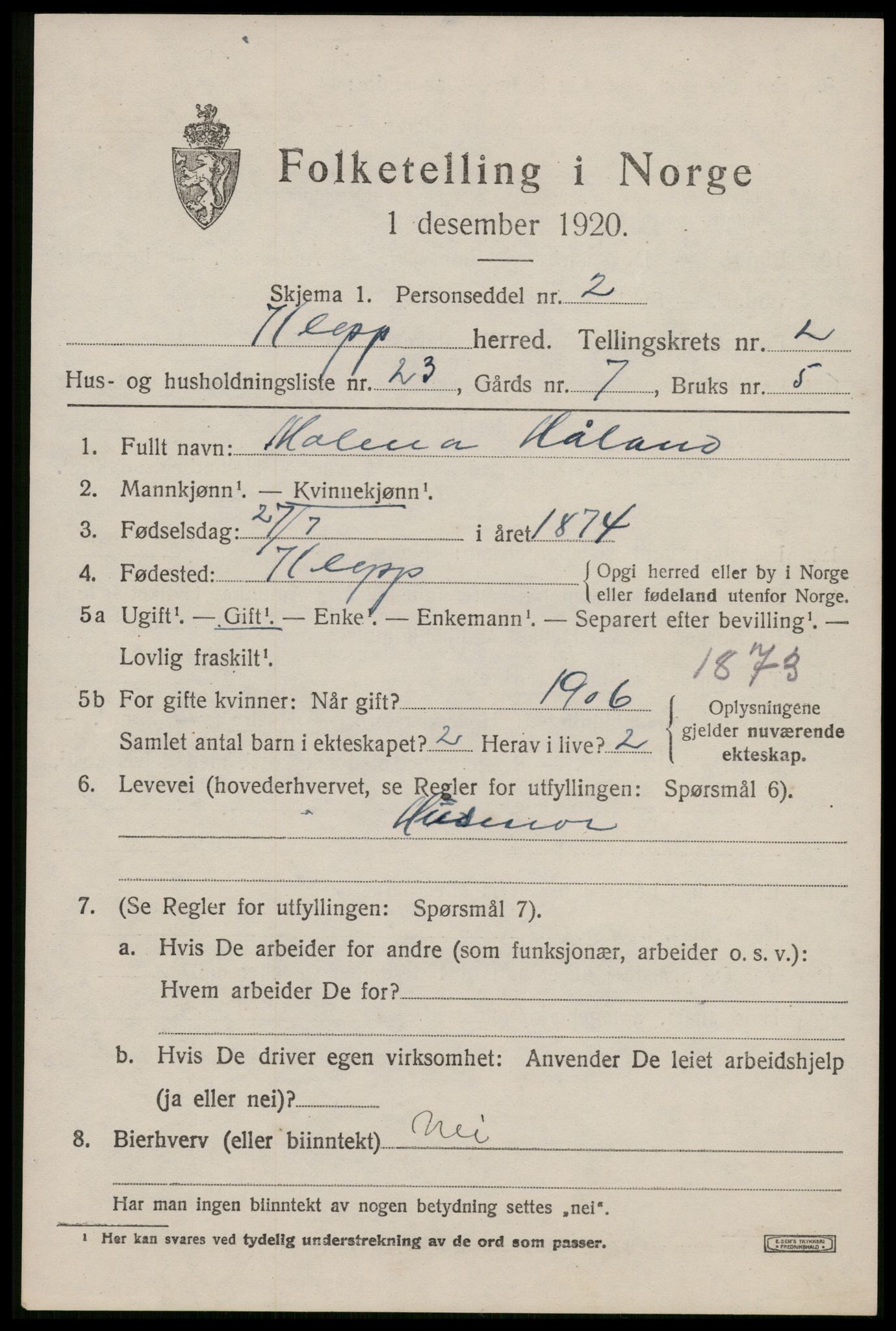 SAST, 1920 census for Klepp, 1920, p. 2876