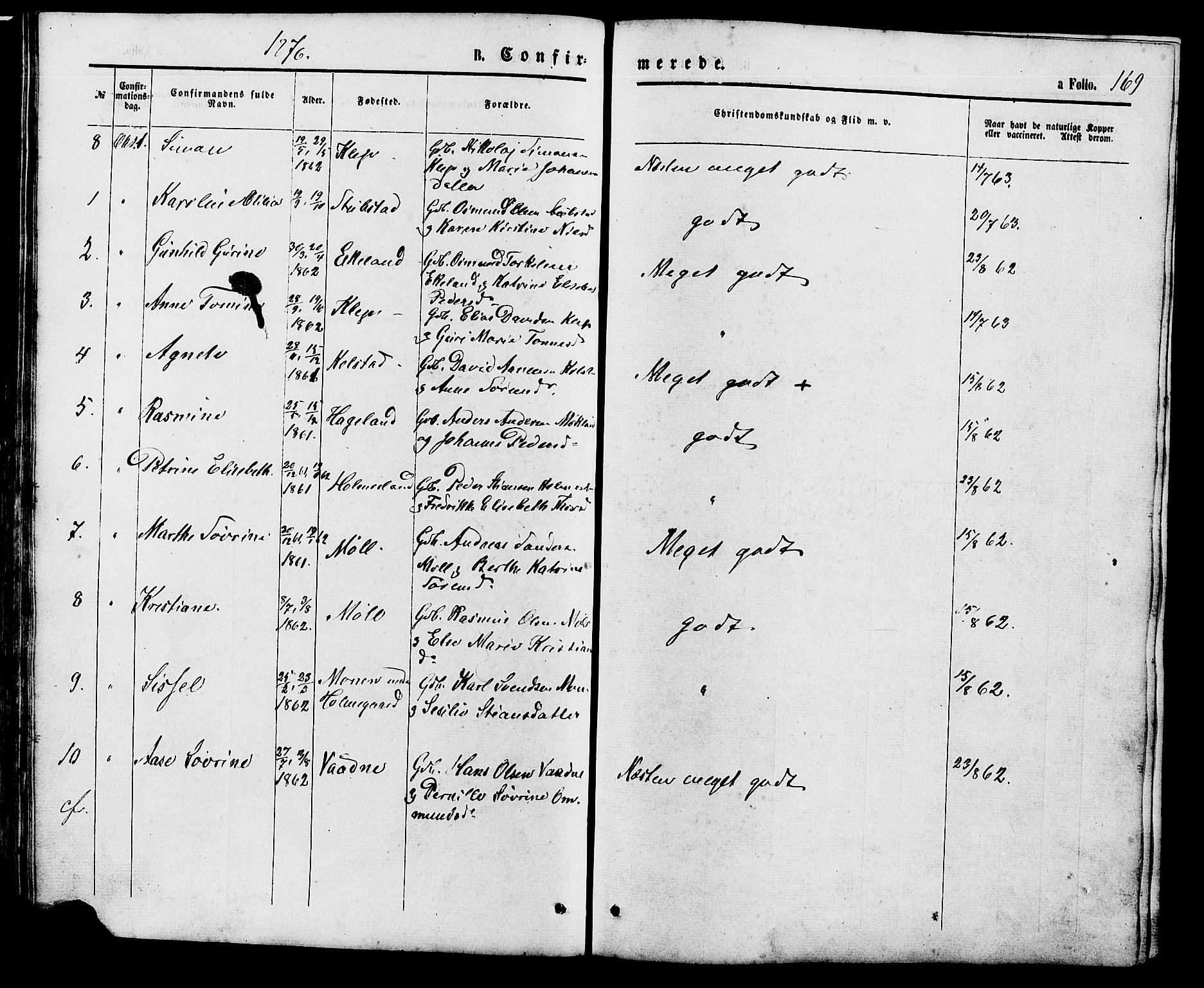 Holum sokneprestkontor, SAK/1111-0022/F/Fb/Fba/L0004: Parish register (copy) no. B 4, 1867-1890, p. 169