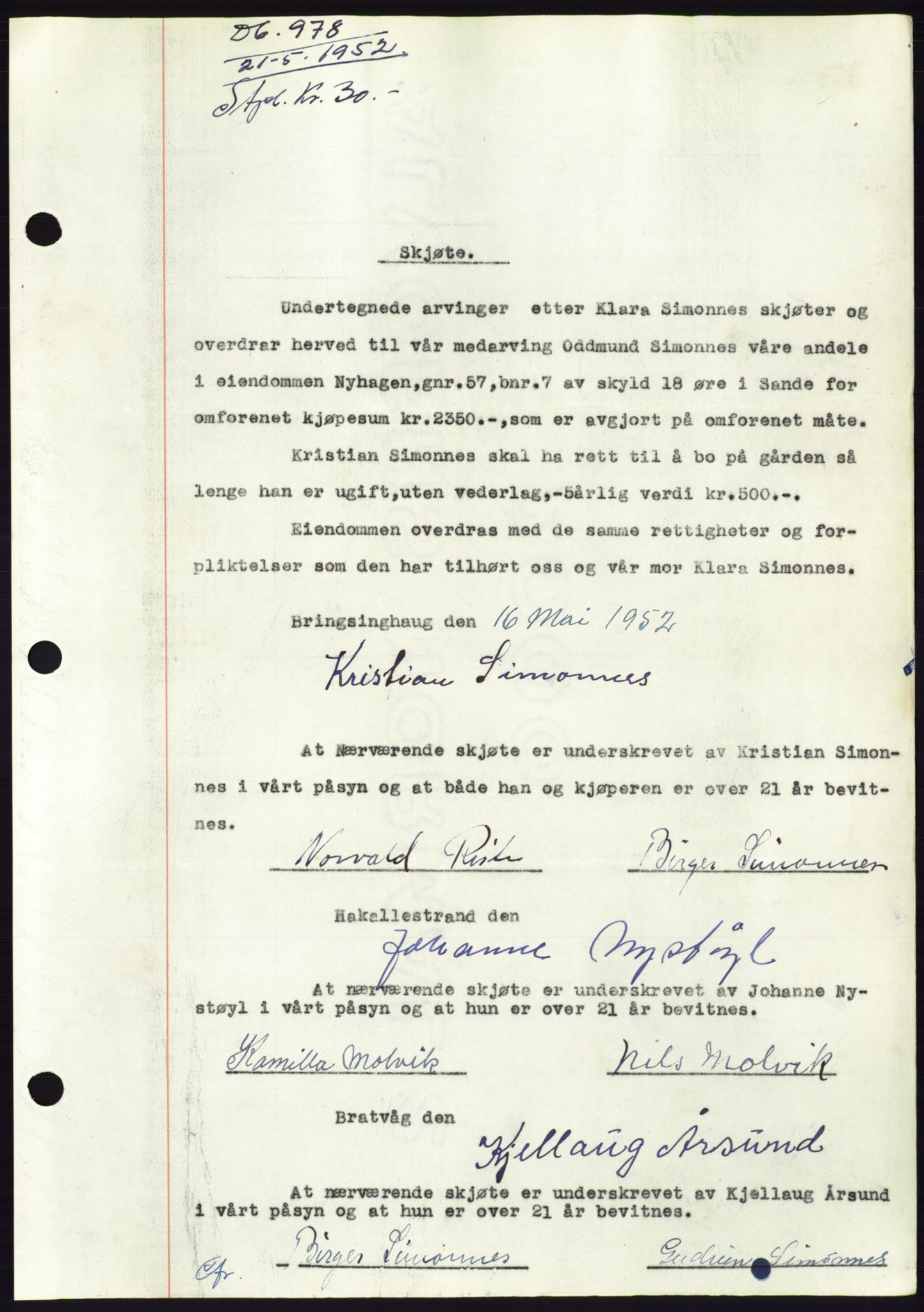 Søre Sunnmøre sorenskriveri, AV/SAT-A-4122/1/2/2C/L0092: Mortgage book no. 18A, 1952-1952, Diary no: : 978/1952