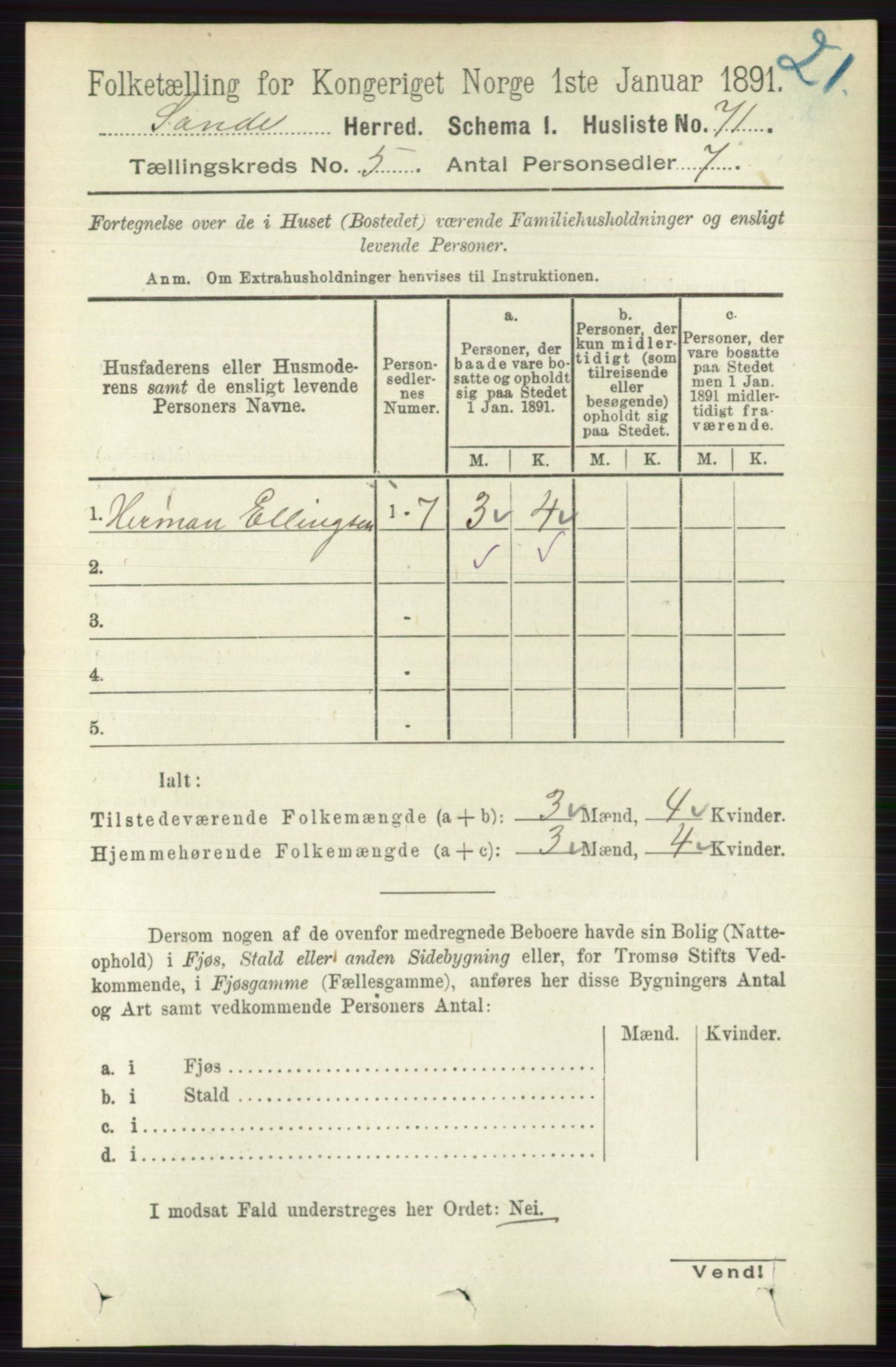 RA, 1891 census for 0713 Sande, 1891, p. 2130