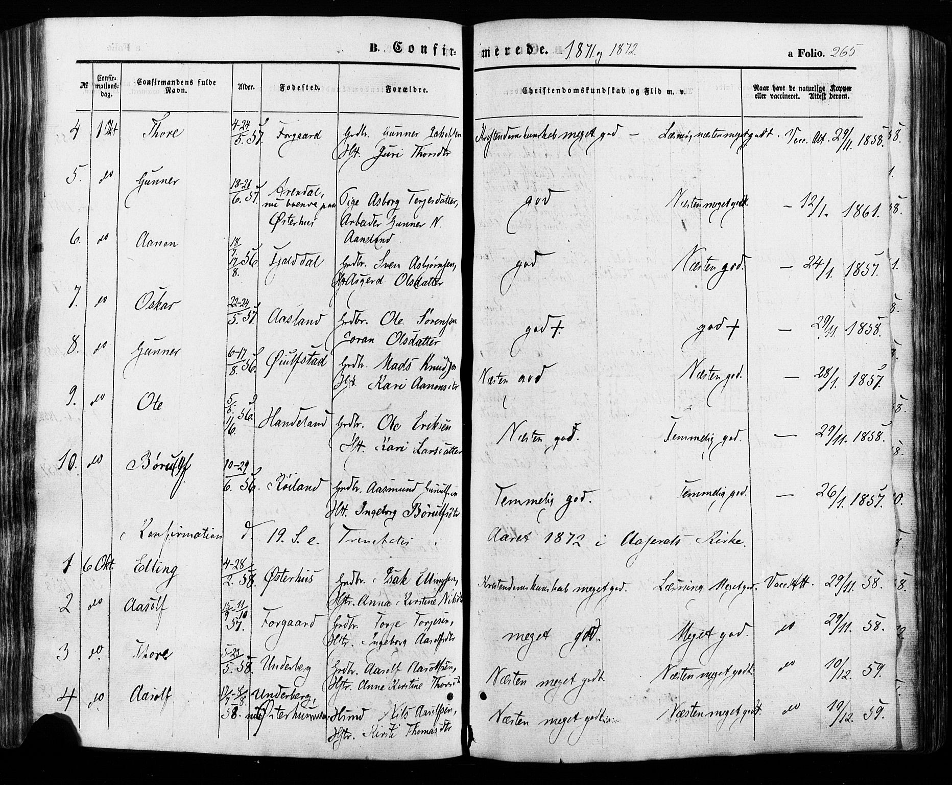 Åseral sokneprestkontor, AV/SAK-1111-0051/F/Fa/L0002: Parish register (official) no. A 2, 1854-1884, p. 265