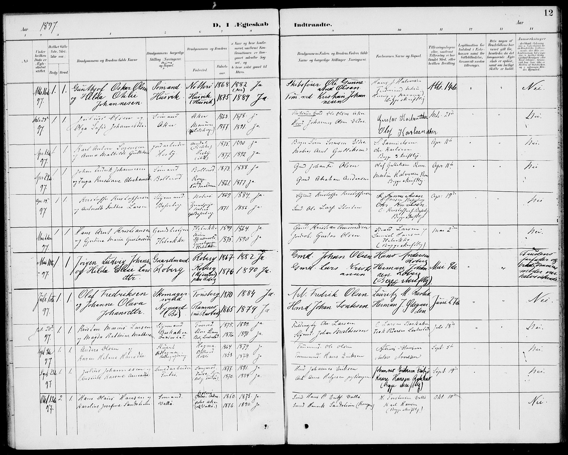 Sem kirkebøker, SAKO/A-5/H/Ha/L0001: Banns register no. 1, 1894-1909, p. 12