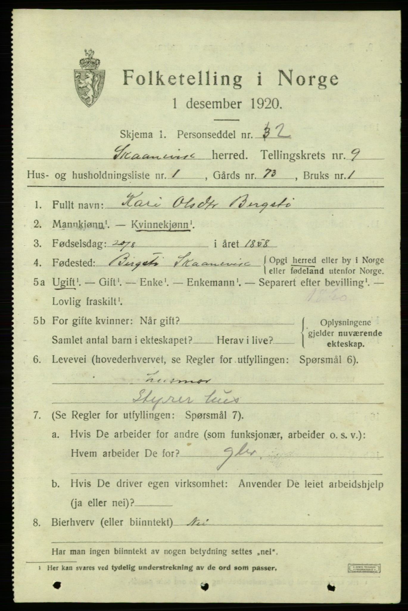 SAB, 1920 census for Skånevik, 1920, p. 4843