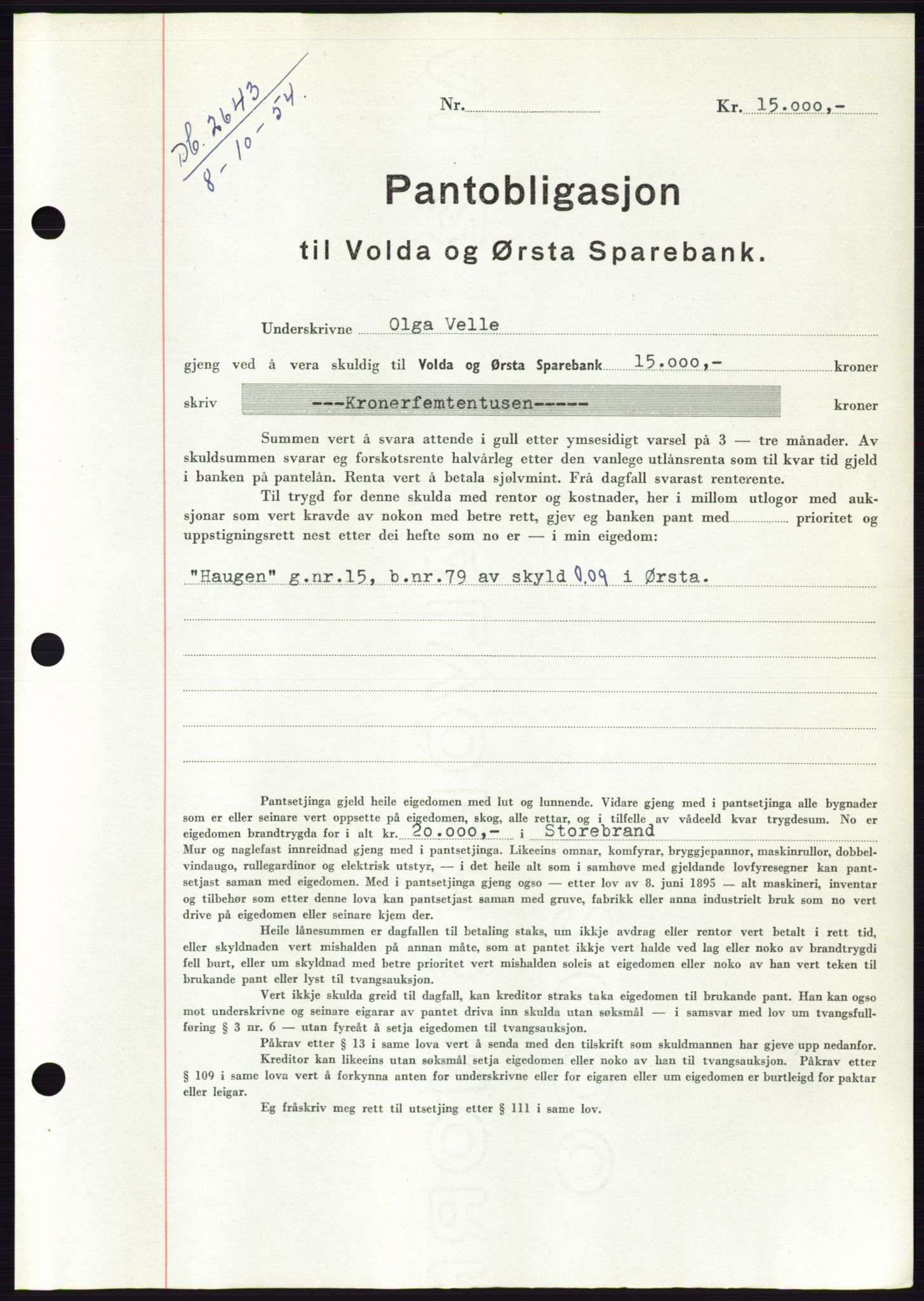 Søre Sunnmøre sorenskriveri, AV/SAT-A-4122/1/2/2C/L0126: Mortgage book no. 14B, 1954-1955, Diary no: : 2643/1954