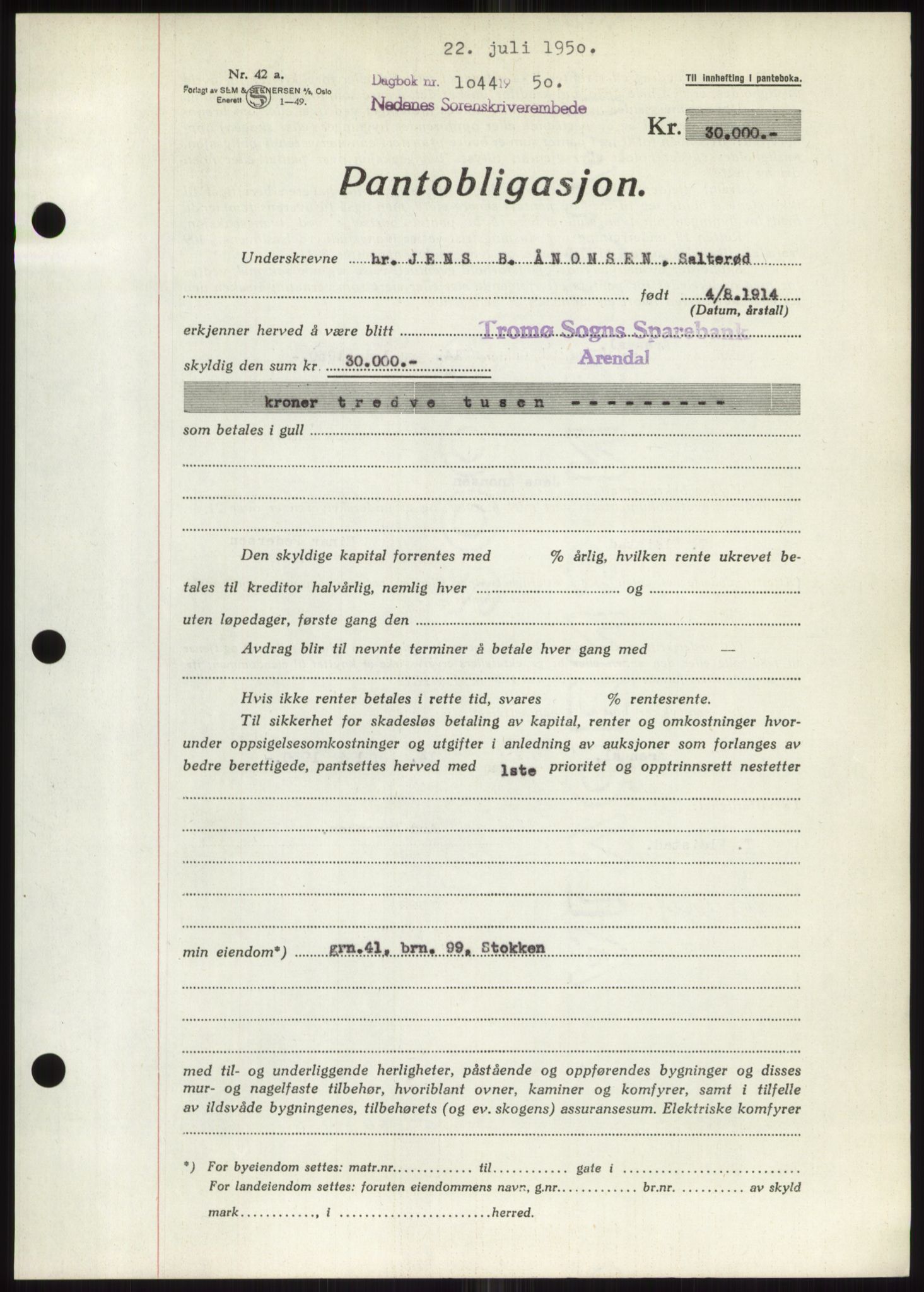 Nedenes sorenskriveri, AV/SAK-1221-0006/G/Gb/Gbb/L0007: Mortgage book no. B7, 1949-1950, Diary no: : 1044/1950