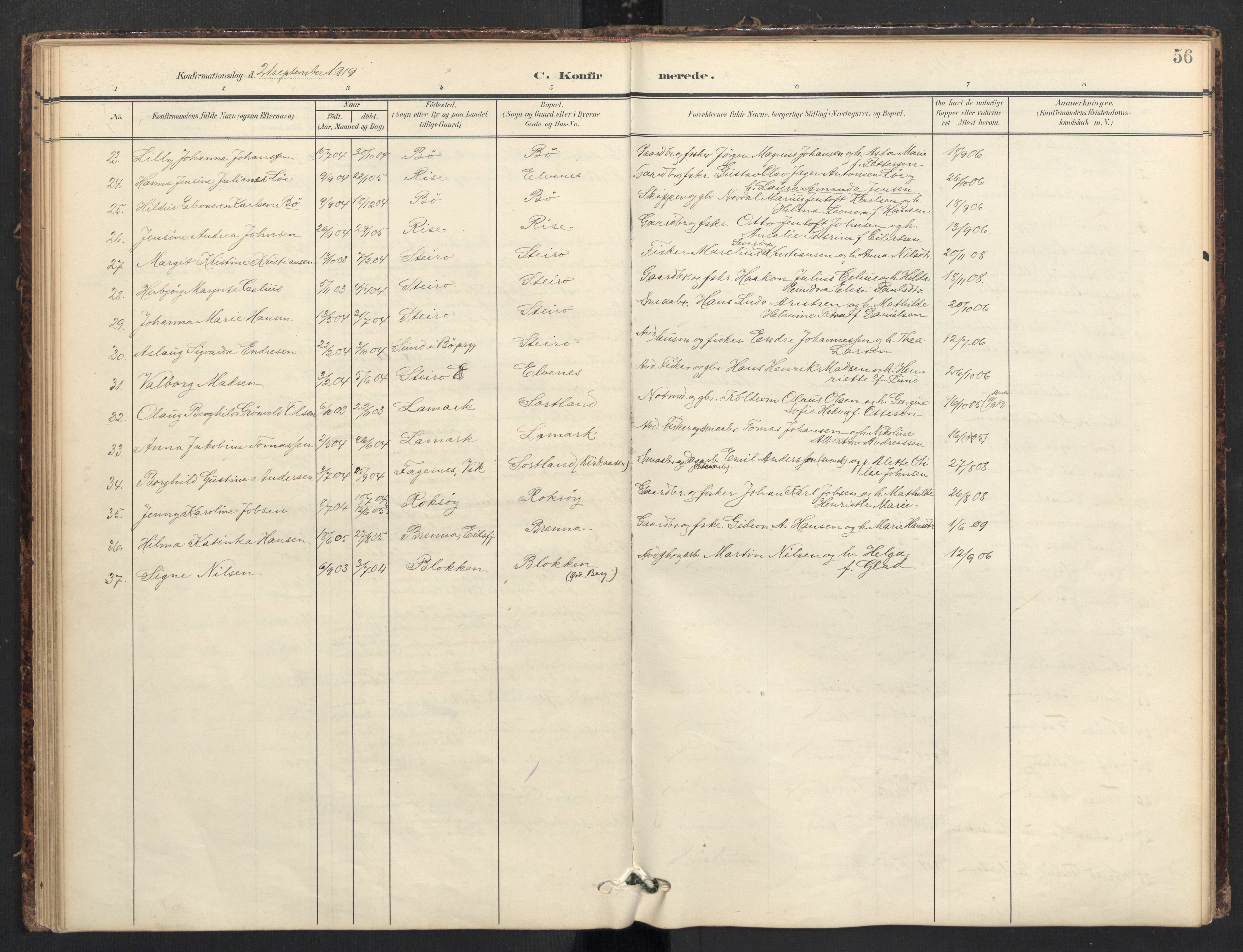 Ministerialprotokoller, klokkerbøker og fødselsregistre - Nordland, AV/SAT-A-1459/895/L1375: Parish register (official) no. 895A10, 1907-1938, p. 56