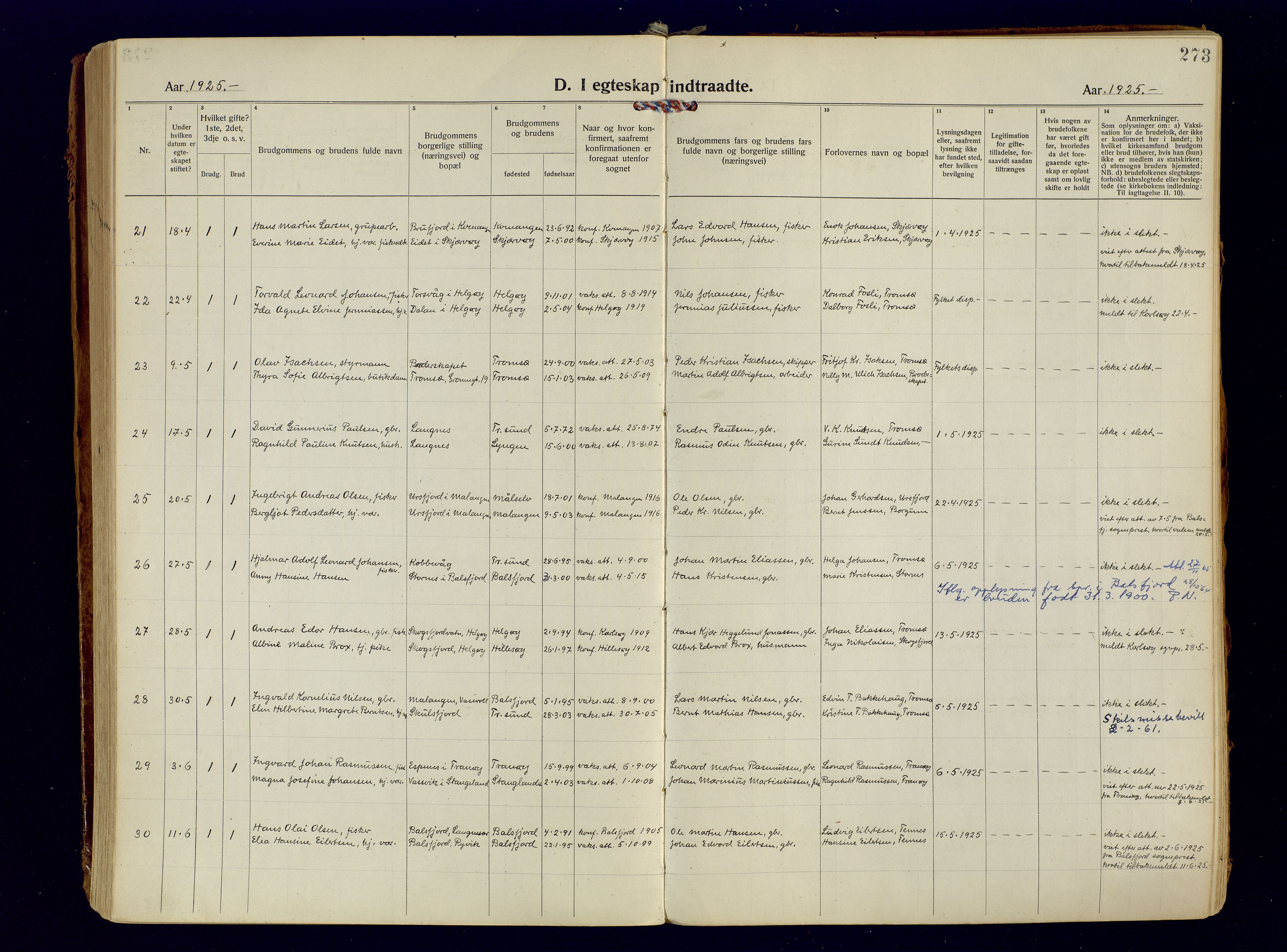 Tromsøysund sokneprestkontor, AV/SATØ-S-1304/G/Ga/L0009kirke: Parish register (official) no. 9, 1922-1934, p. 273