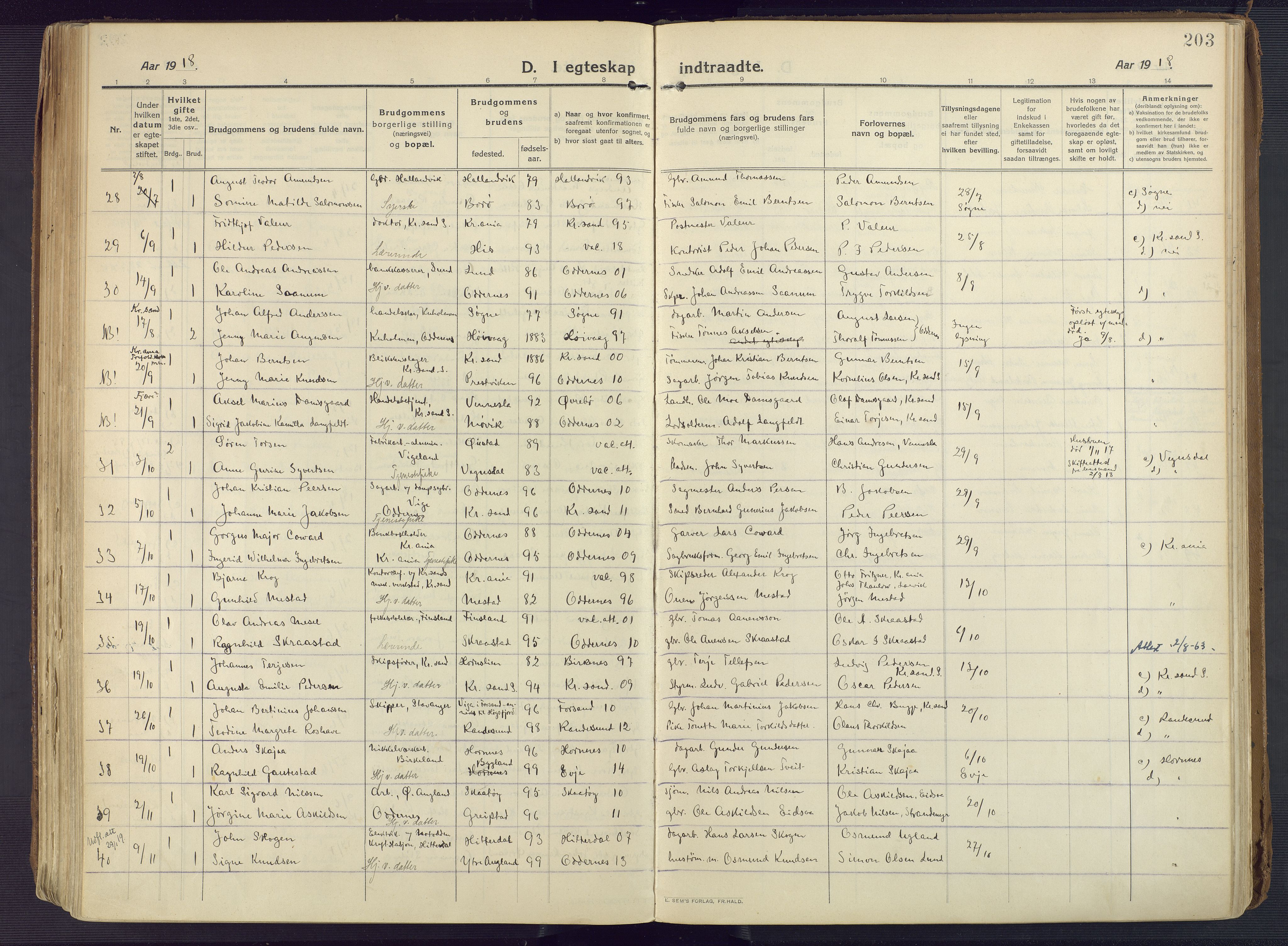 Oddernes sokneprestkontor, AV/SAK-1111-0033/F/Fa/Faa/L0012: Parish register (official) no. A 12, 1912-1925, p. 203