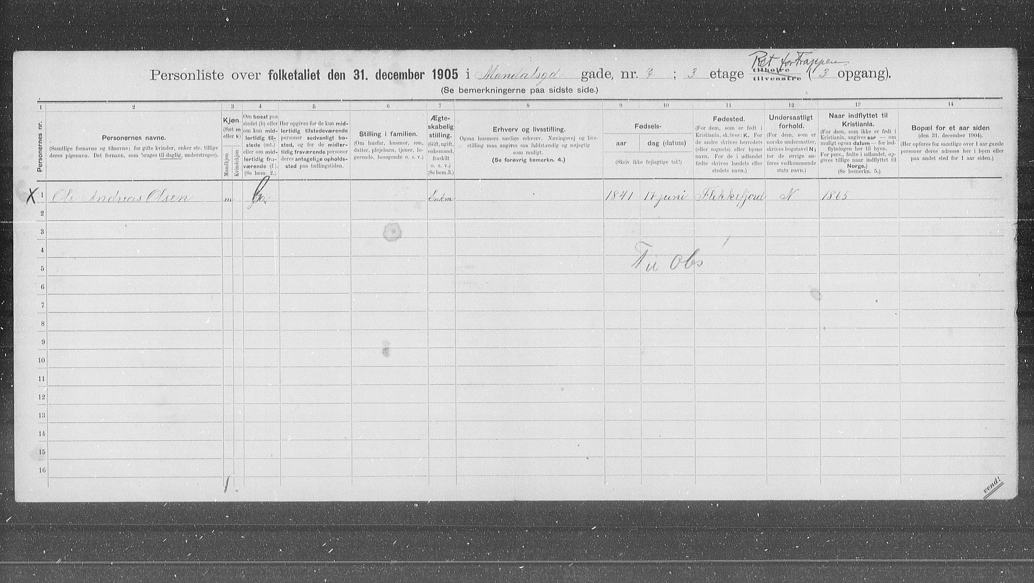 OBA, Municipal Census 1905 for Kristiania, 1905, p. 31646