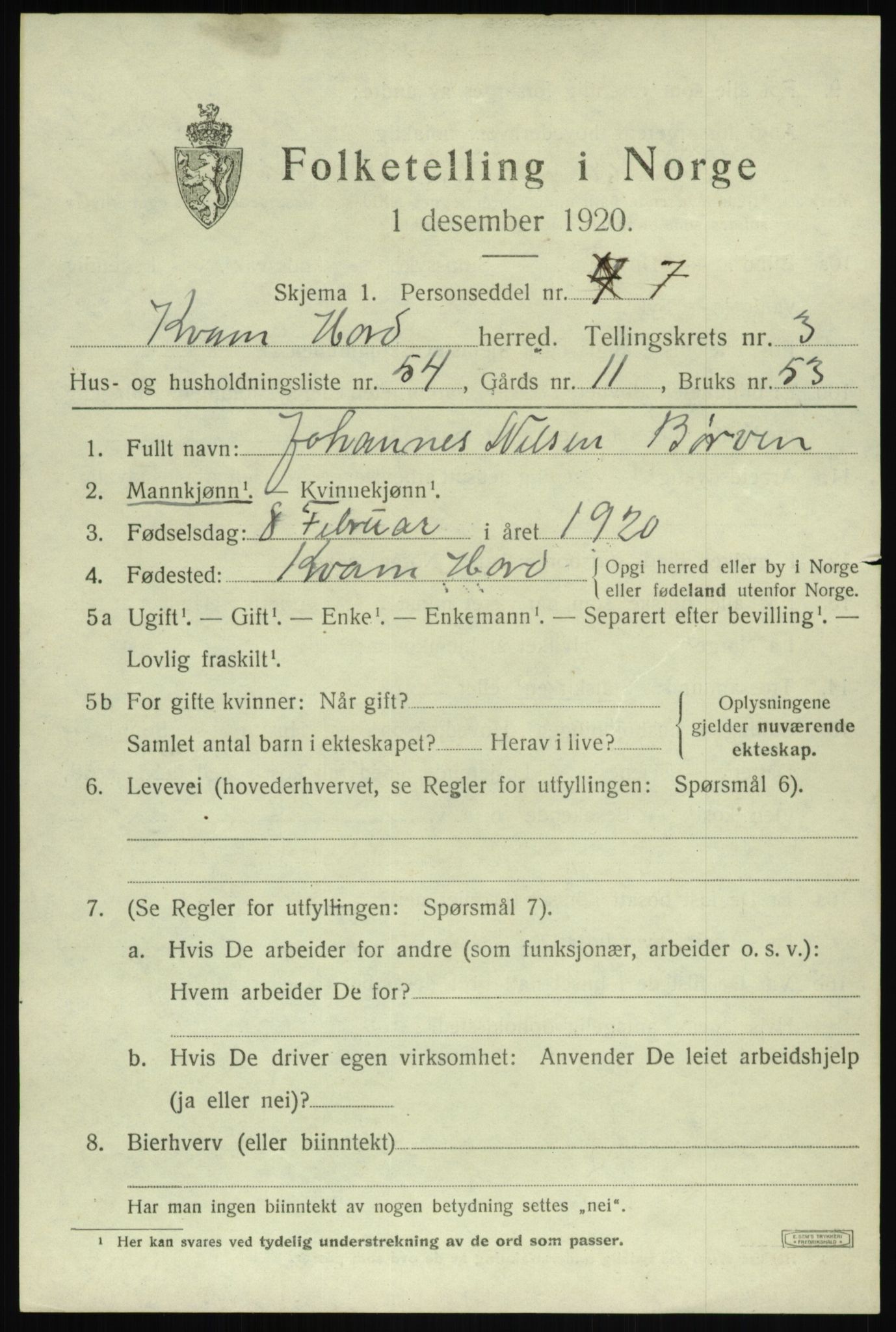 SAB, 1920 census for Kvam, 1920, p. 3231