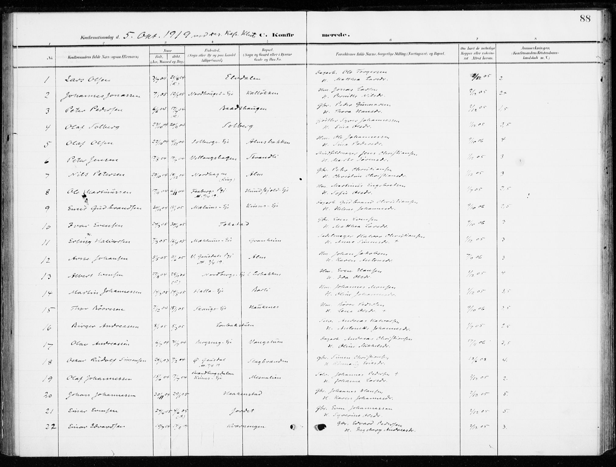 Ringsaker prestekontor, AV/SAH-PREST-014/K/Ka/L0021: Parish register (official) no. 21, 1905-1920, p. 88