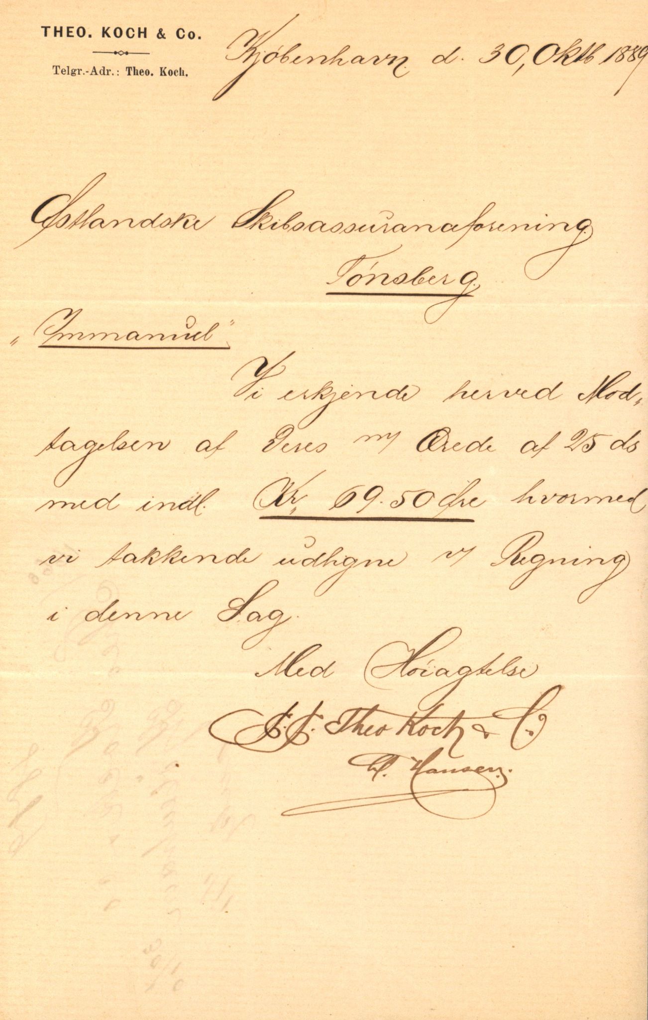 Pa 63 - Østlandske skibsassuranceforening, VEMU/A-1079/G/Ga/L0023/0008: Havaridokumenter / Immanuel, Wilhelm, Tobine, Diaz, Esmeralda, Tjømø, 1889, p. 16