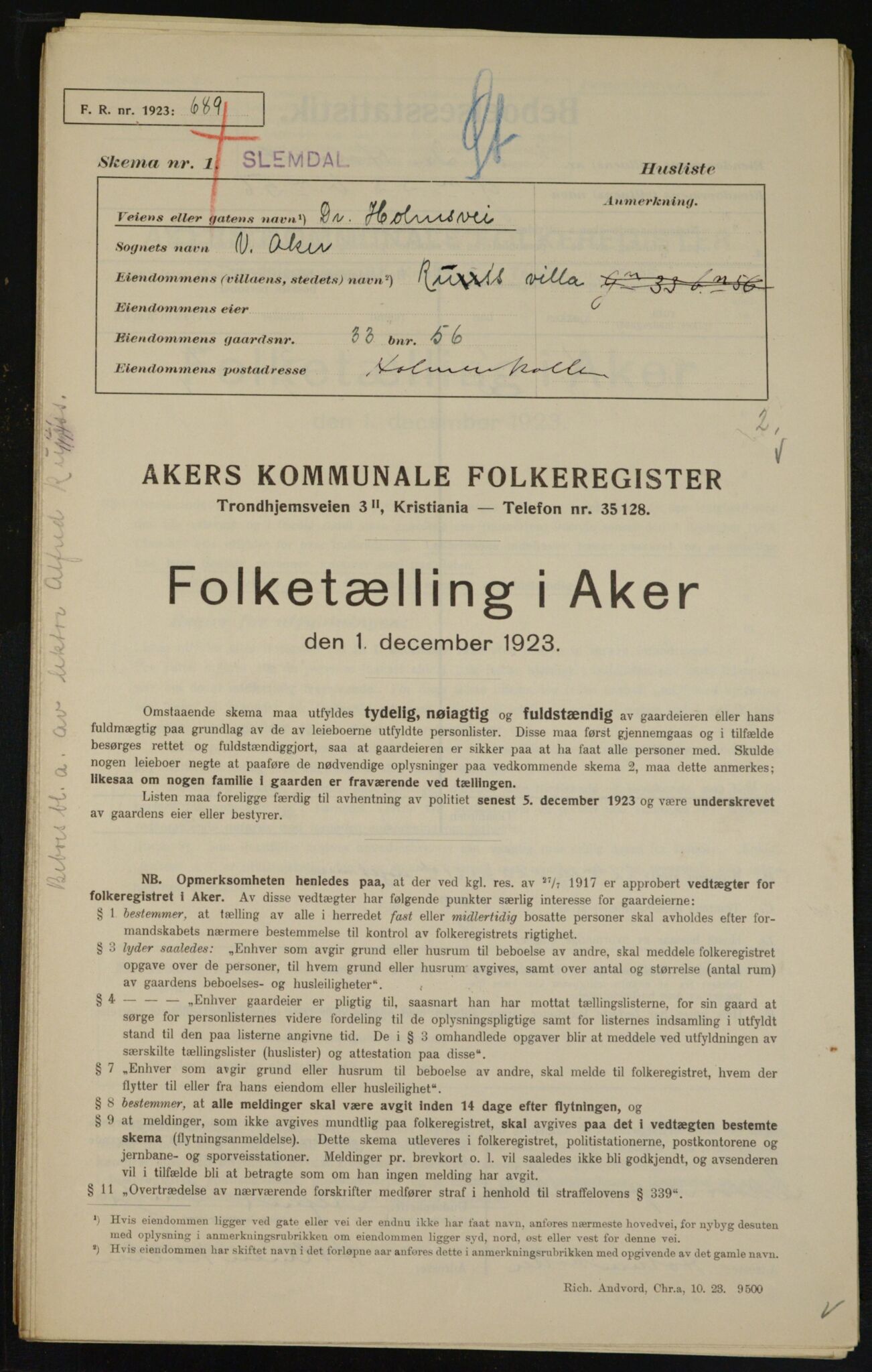 , Municipal Census 1923 for Aker, 1923, p. 11645