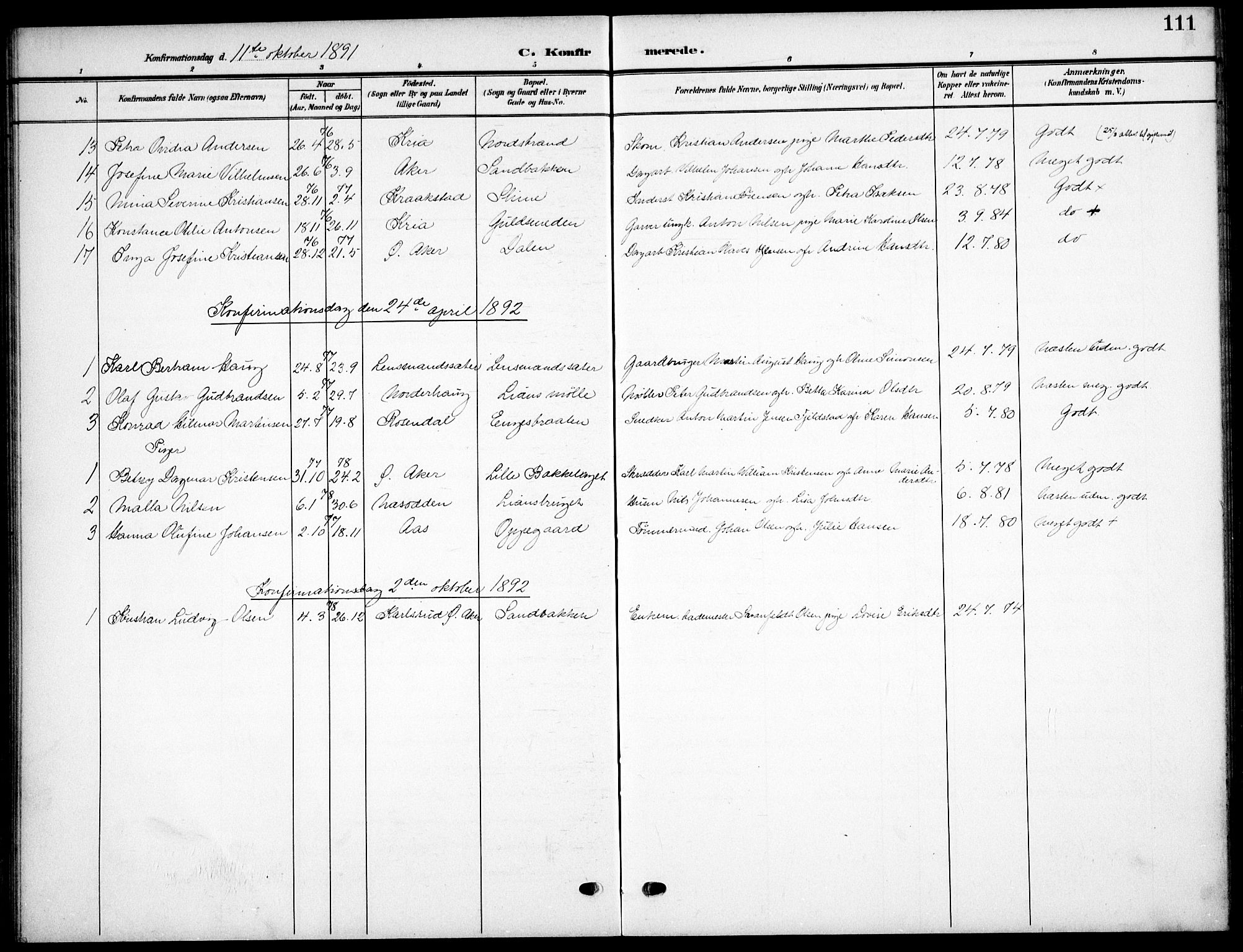 Nordstrand prestekontor Kirkebøker, AV/SAO-A-10362a/F/Fa/L0000: Parish register (official) no.  0, 1881-1900, p. 111