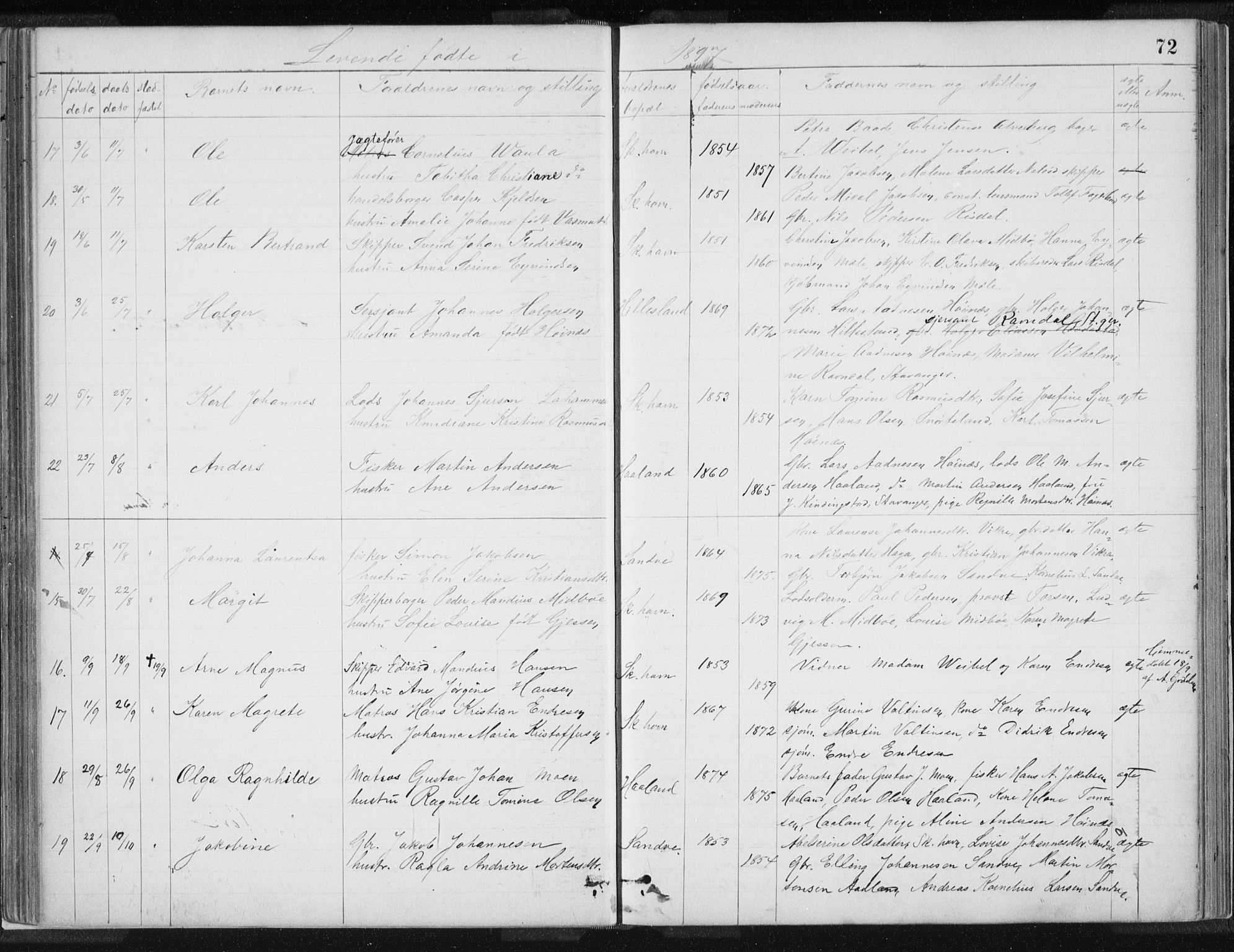 Skudenes sokneprestkontor, AV/SAST-A -101849/H/Ha/Hab/L0007: Parish register (copy) no. B 7, 1885-1899, p. 72