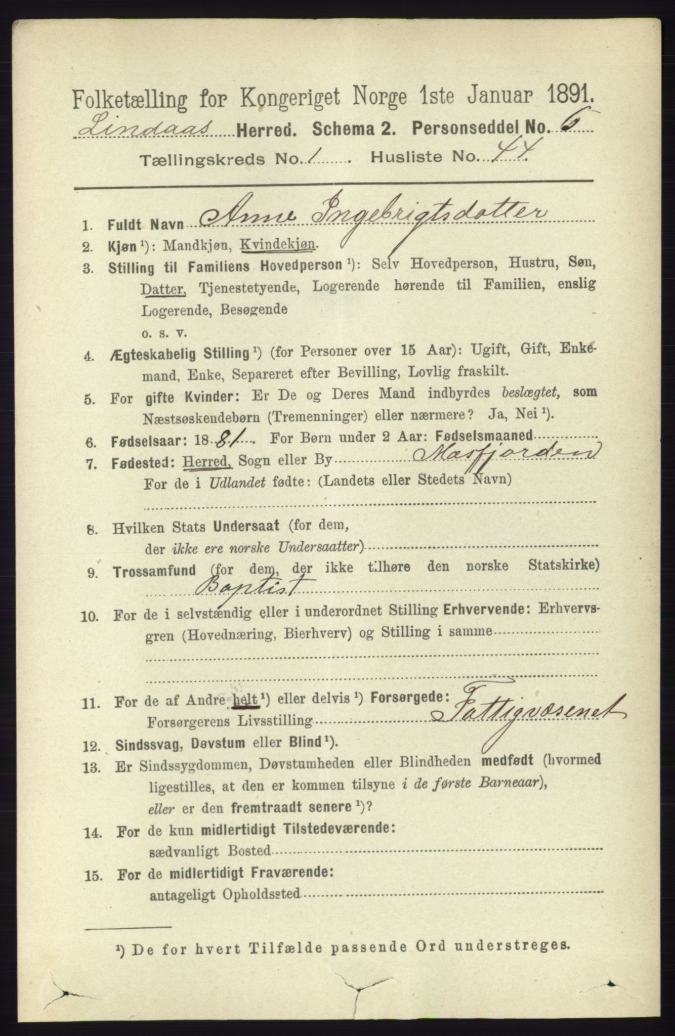 RA, 1891 census for 1263 Lindås, 1891, p. 370