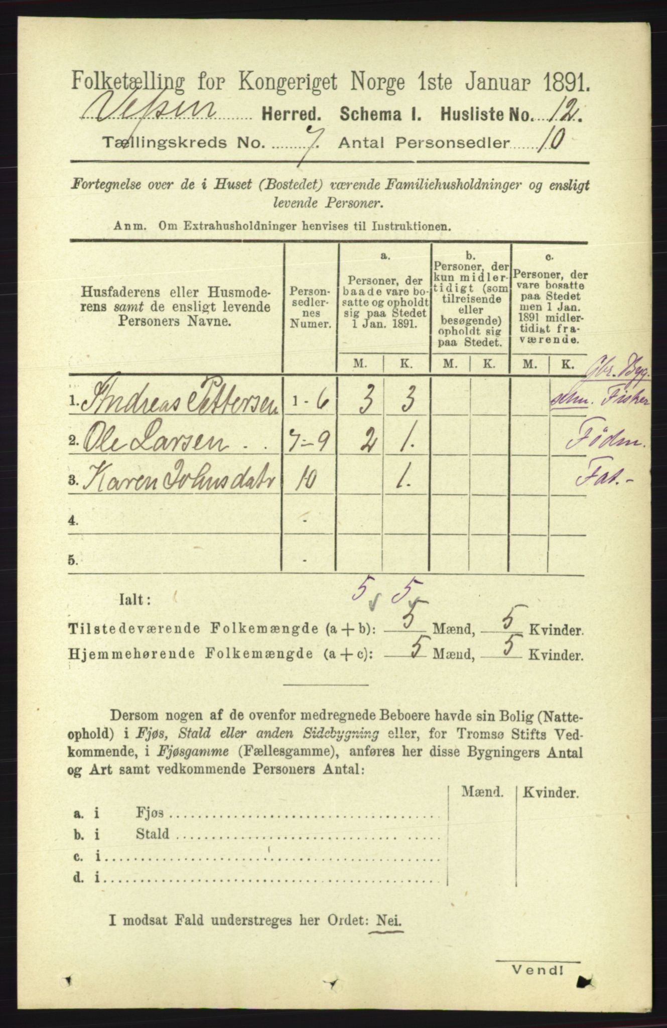 RA, 1891 census for 1824 Vefsn, 1891, p. 3584