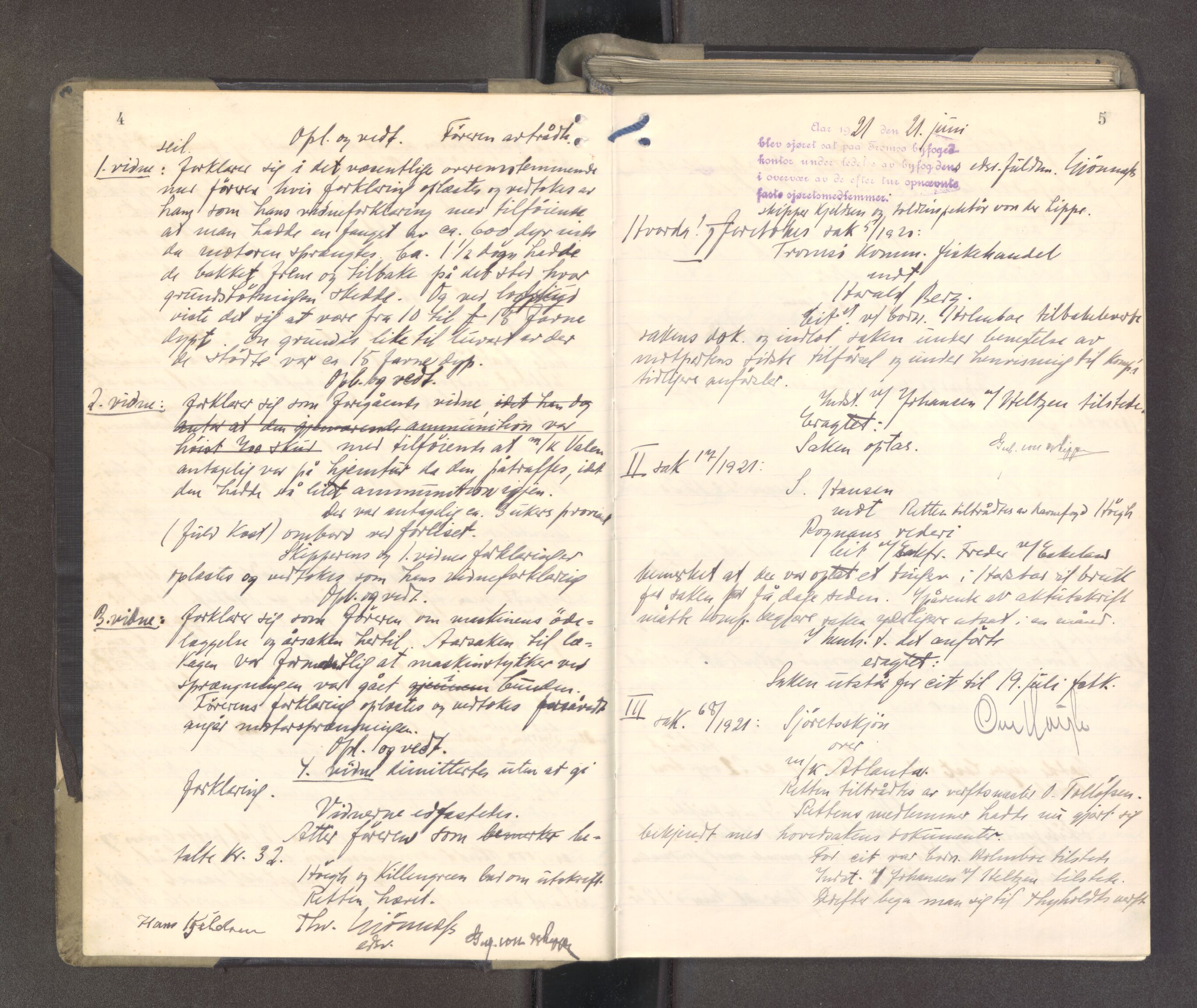 Tromsø byfogd/byrett, AV/SATØ-SATØ-0063/1/F/Fd/L0093: Sjørettsprotokoll, 1921-1923, p. 4-5