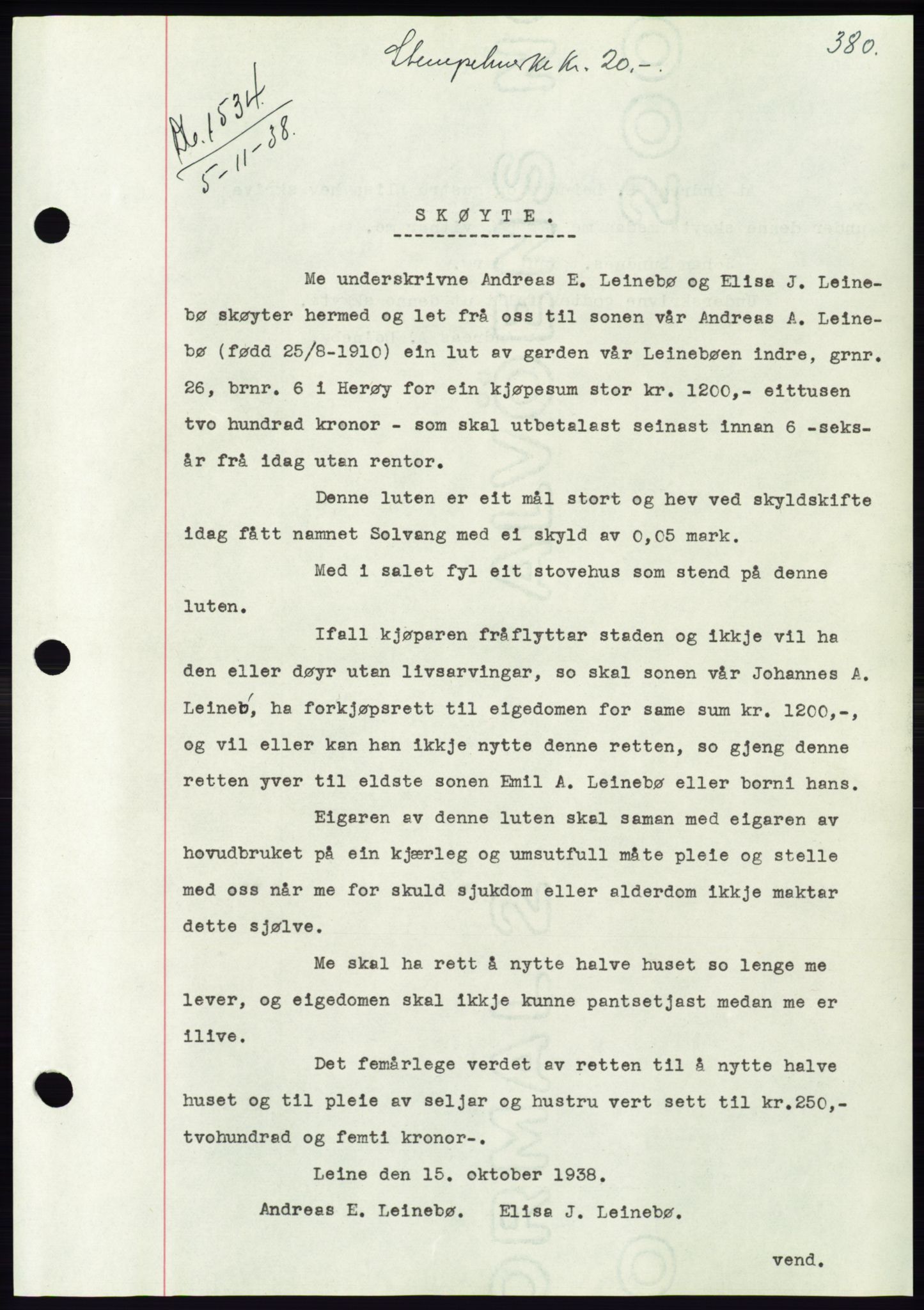 Søre Sunnmøre sorenskriveri, AV/SAT-A-4122/1/2/2C/L0066: Mortgage book no. 60, 1938-1938, Diary no: : 1534/1938