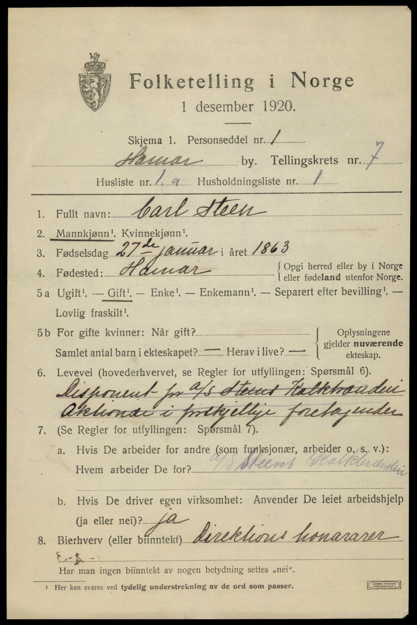 SAH, 1920 census for Hamar, 1920, p. 12699