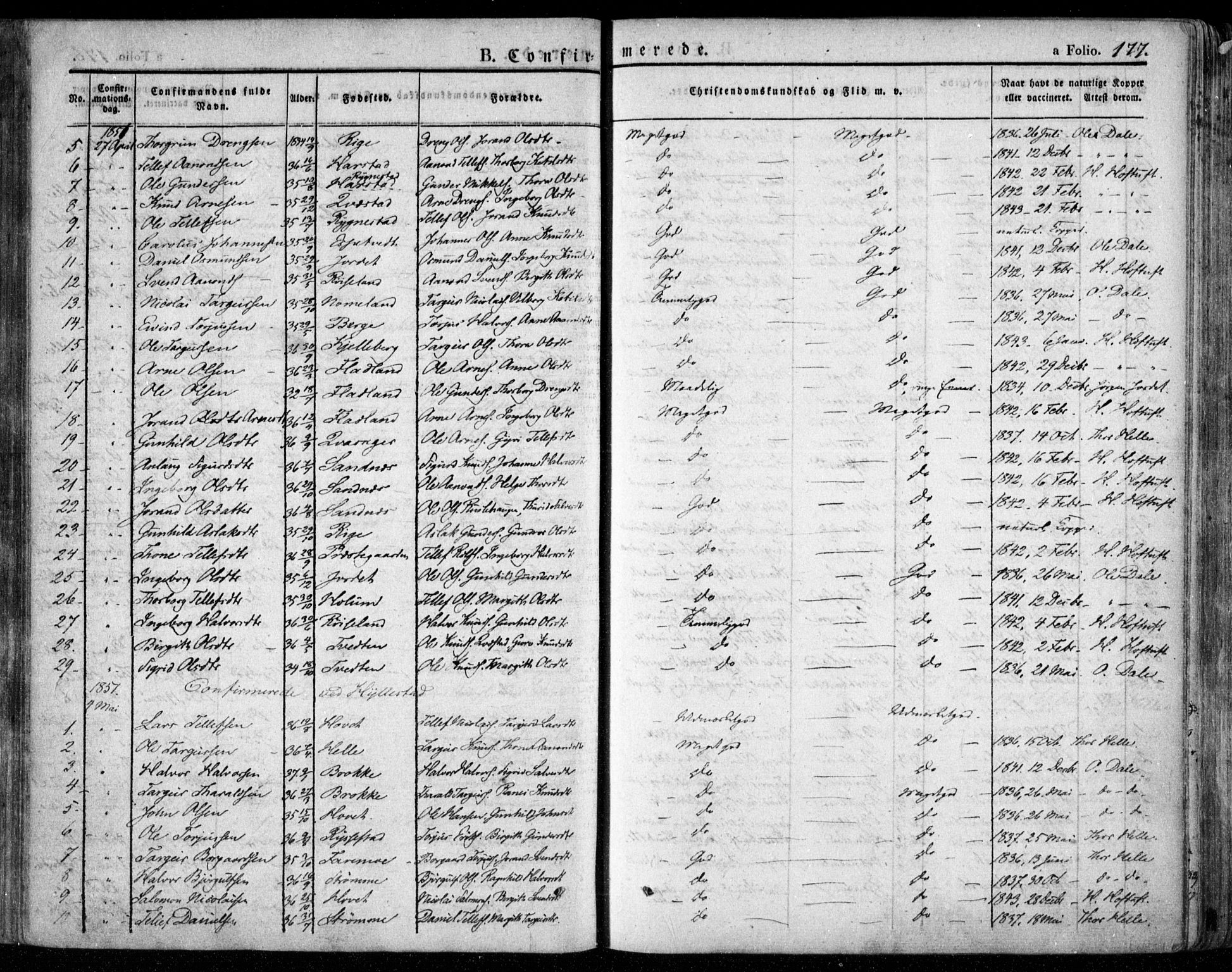 Valle sokneprestkontor, SAK/1111-0044/F/Fa/Fac/L0006: Parish register (official) no. A 6, 1831-1853, p. 177