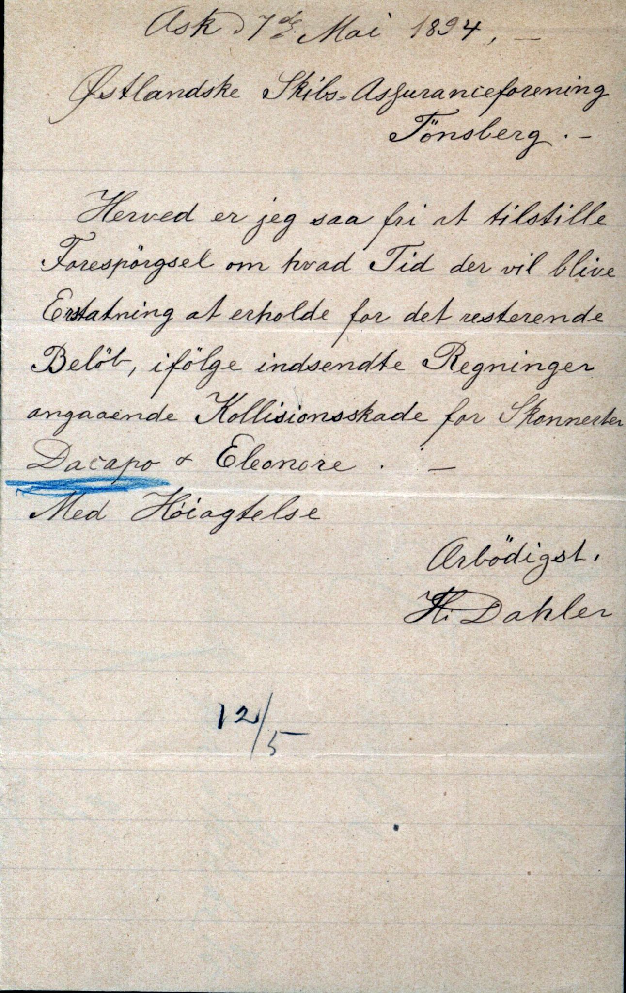 Pa 63 - Østlandske skibsassuranceforening, VEMU/A-1079/G/Ga/L0030/0002: Havaridokumenter / To venner, Emil, Empress, Enterprise, Dacapo, Dato, 1893, p. 95