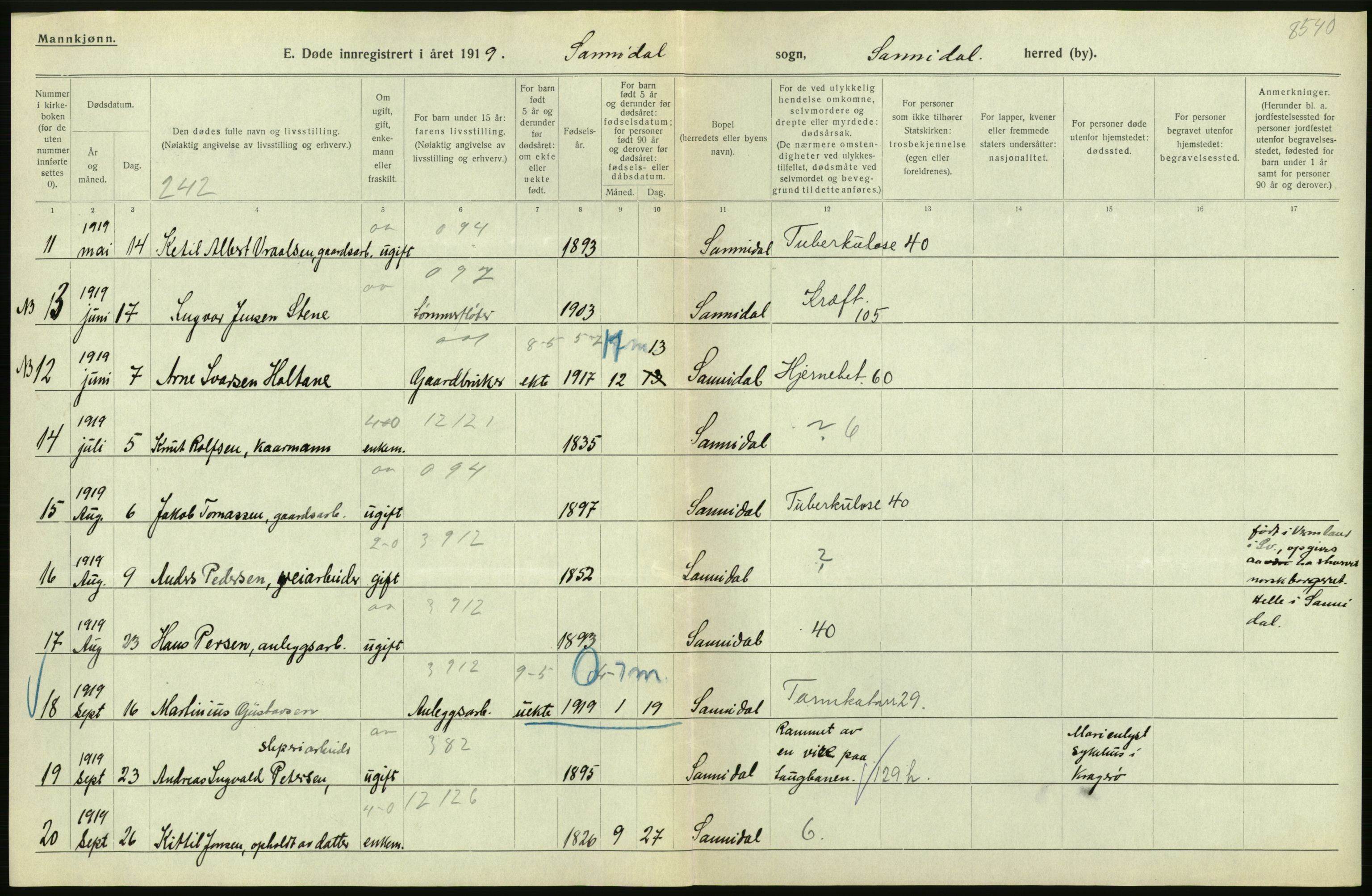 Statistisk sentralbyrå, Sosiodemografiske emner, Befolkning, AV/RA-S-2228/D/Df/Dfb/Dfbi/L0023: Telemark fylke: Døde. Bygder og byer., 1919, p. 12